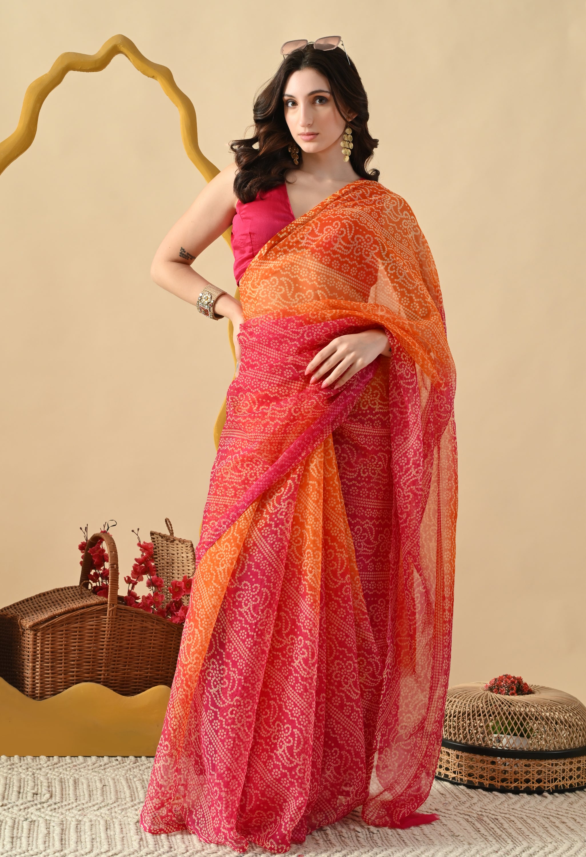 Pink & Orange Chiffon Bandhani Print Saree