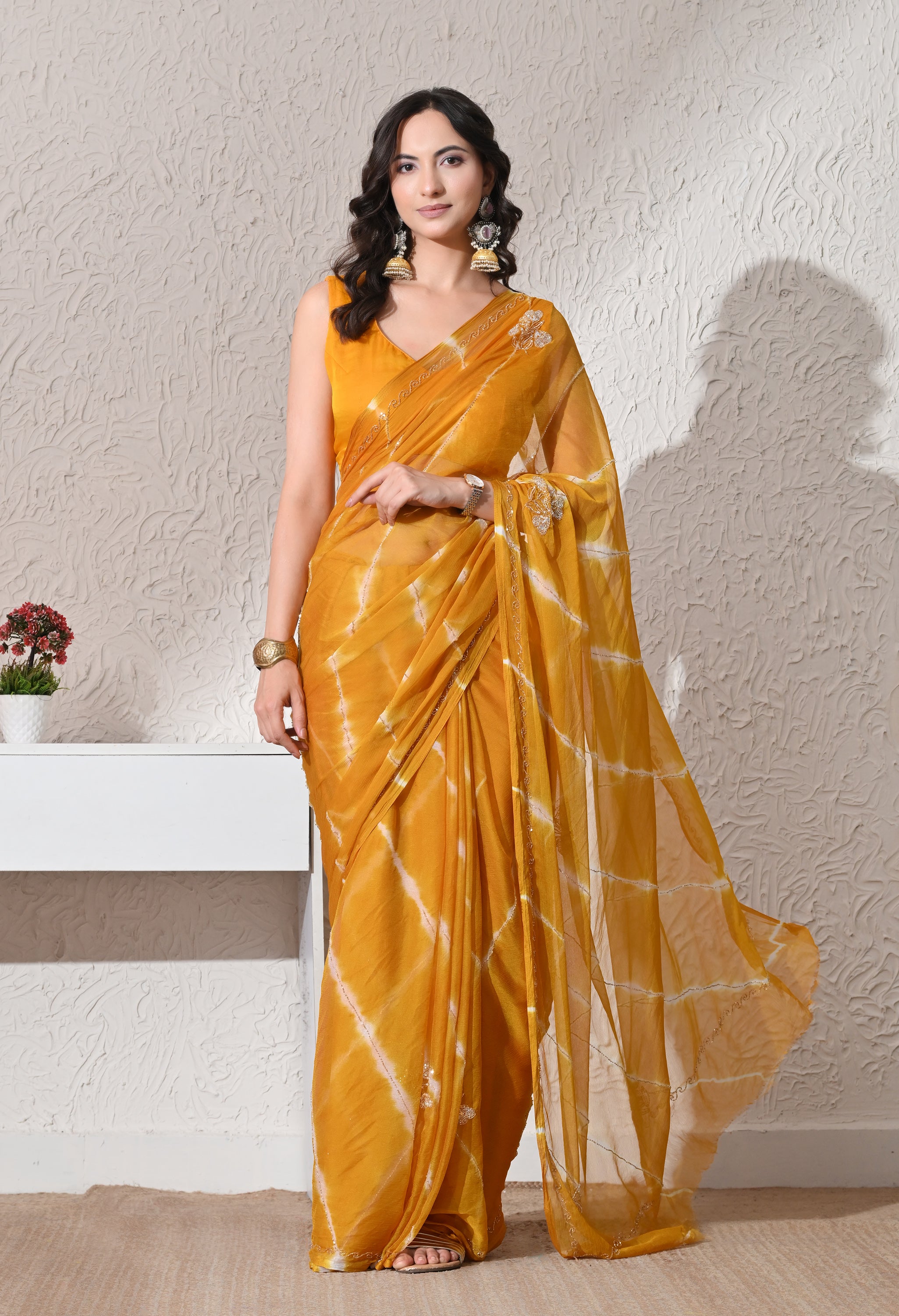 Golden Mustard Italian Chiffon Handcrafted Saree