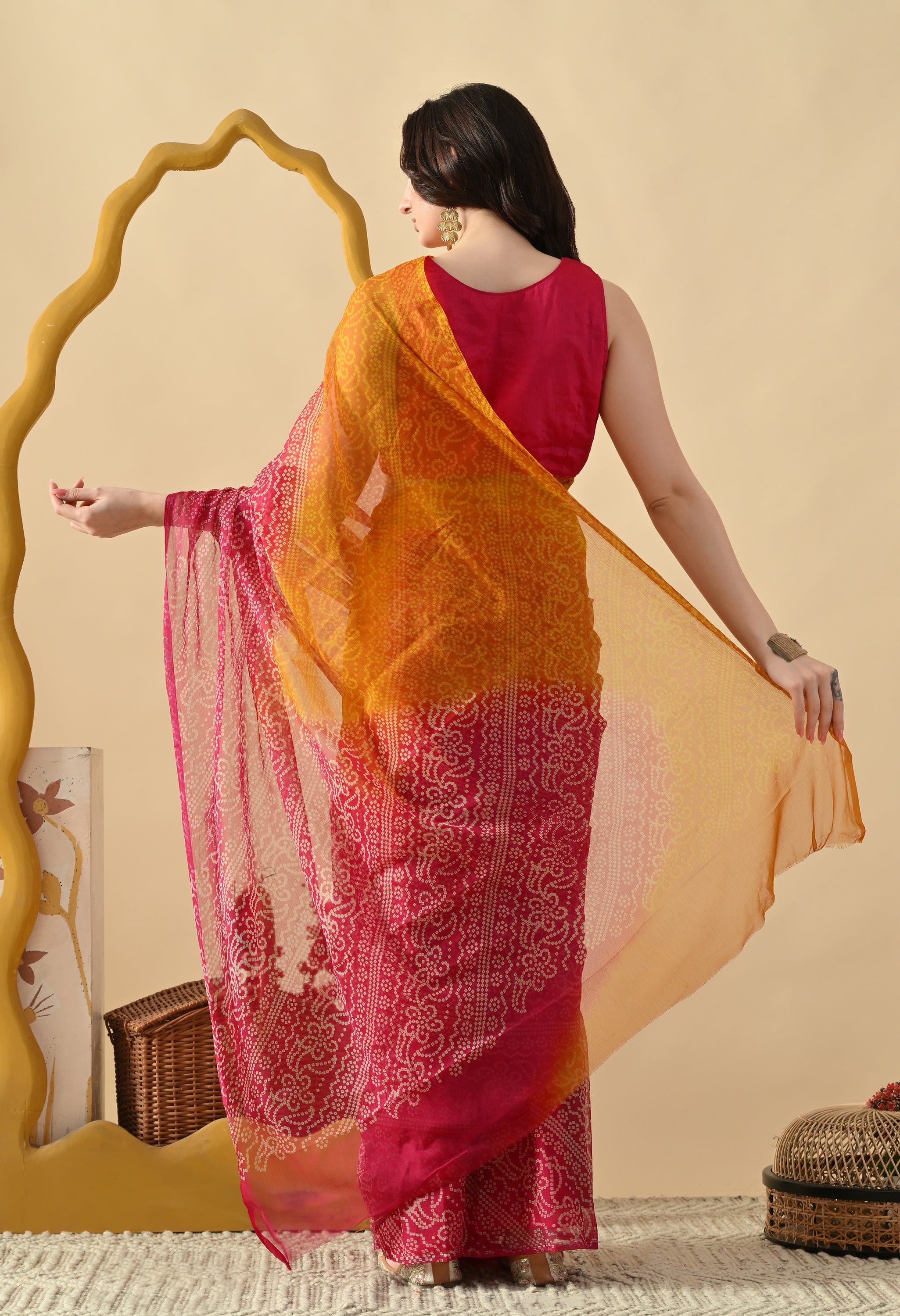 Pink & Yellow Chiffon Bandhani Print Saree