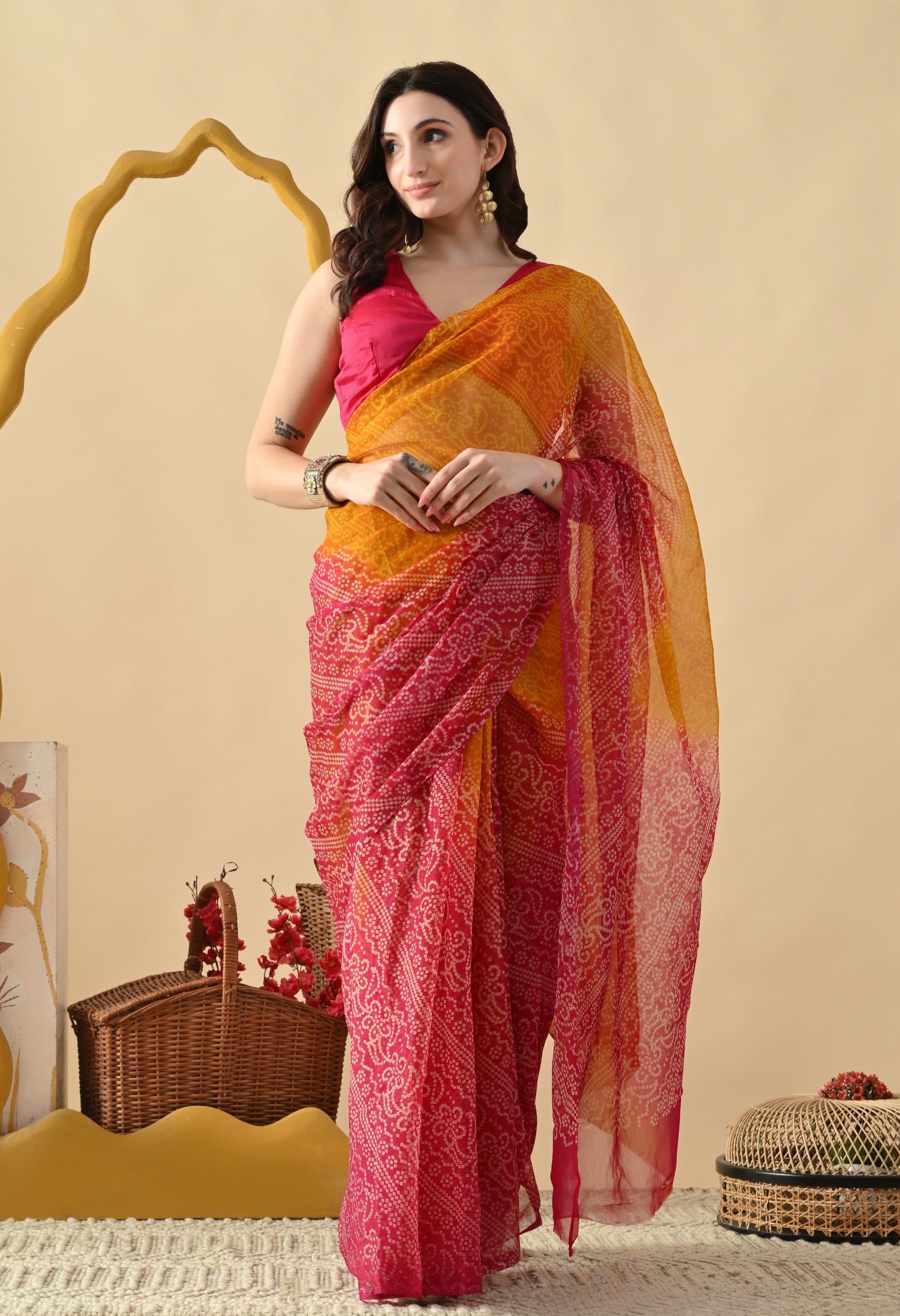 Pink & Yellow Chiffon Bandhani Print Saree