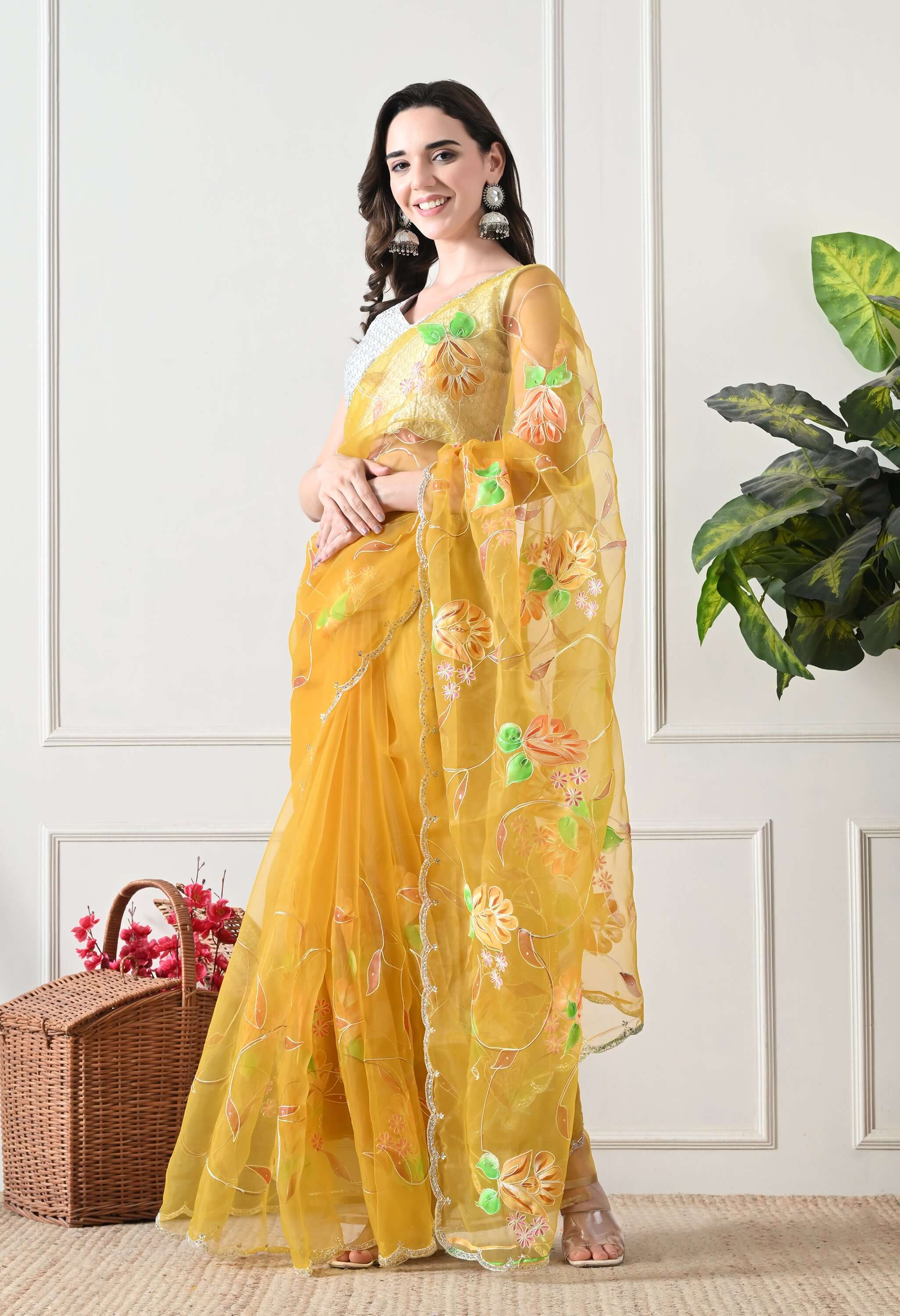 Hand Printed Yellow Organza Saree