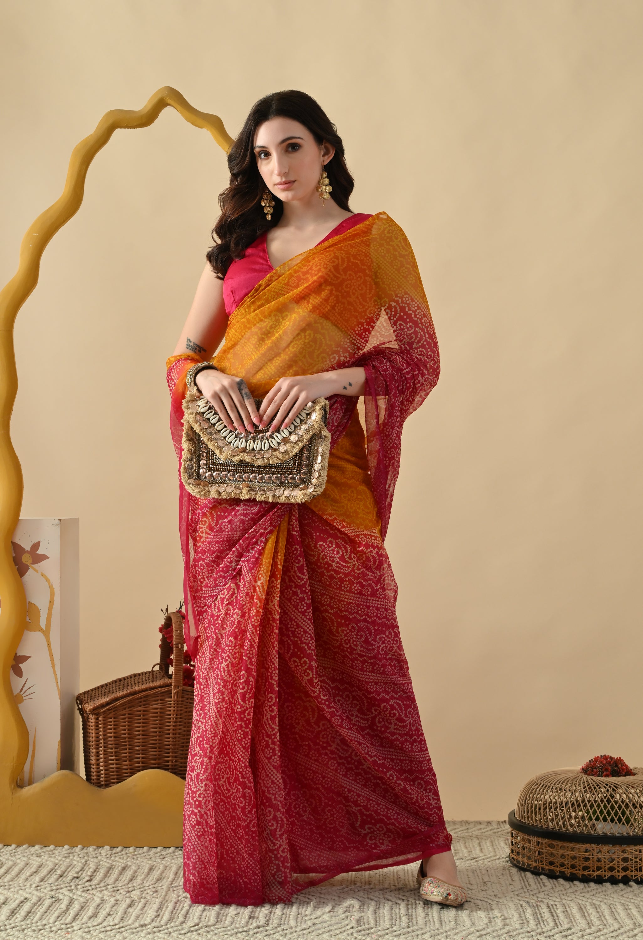 Pink & Yellow Chiffon Bandhani Print Saree