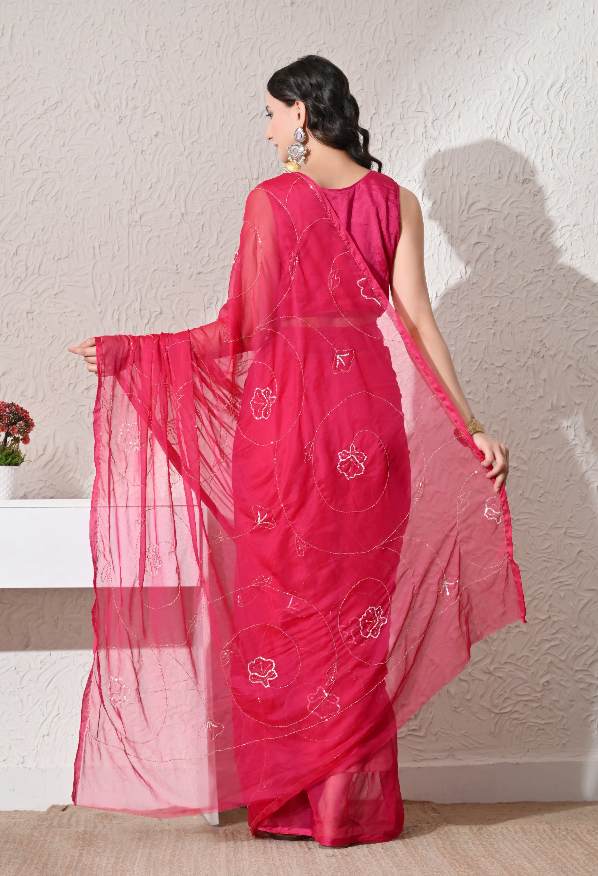 Crimson Red Italian Chiffon Jaal Work Saree