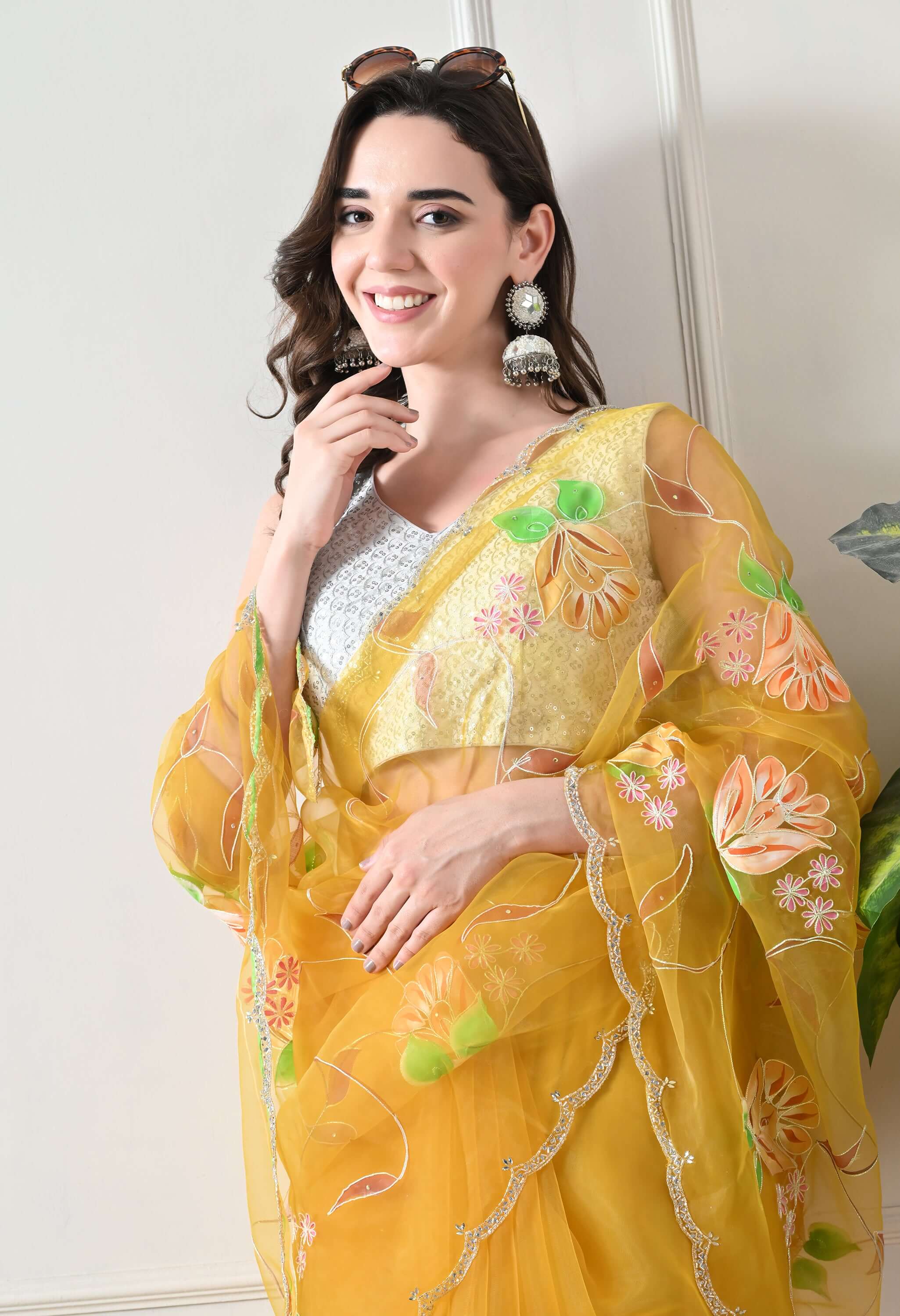Hand Printed Yellow Organza Saree
