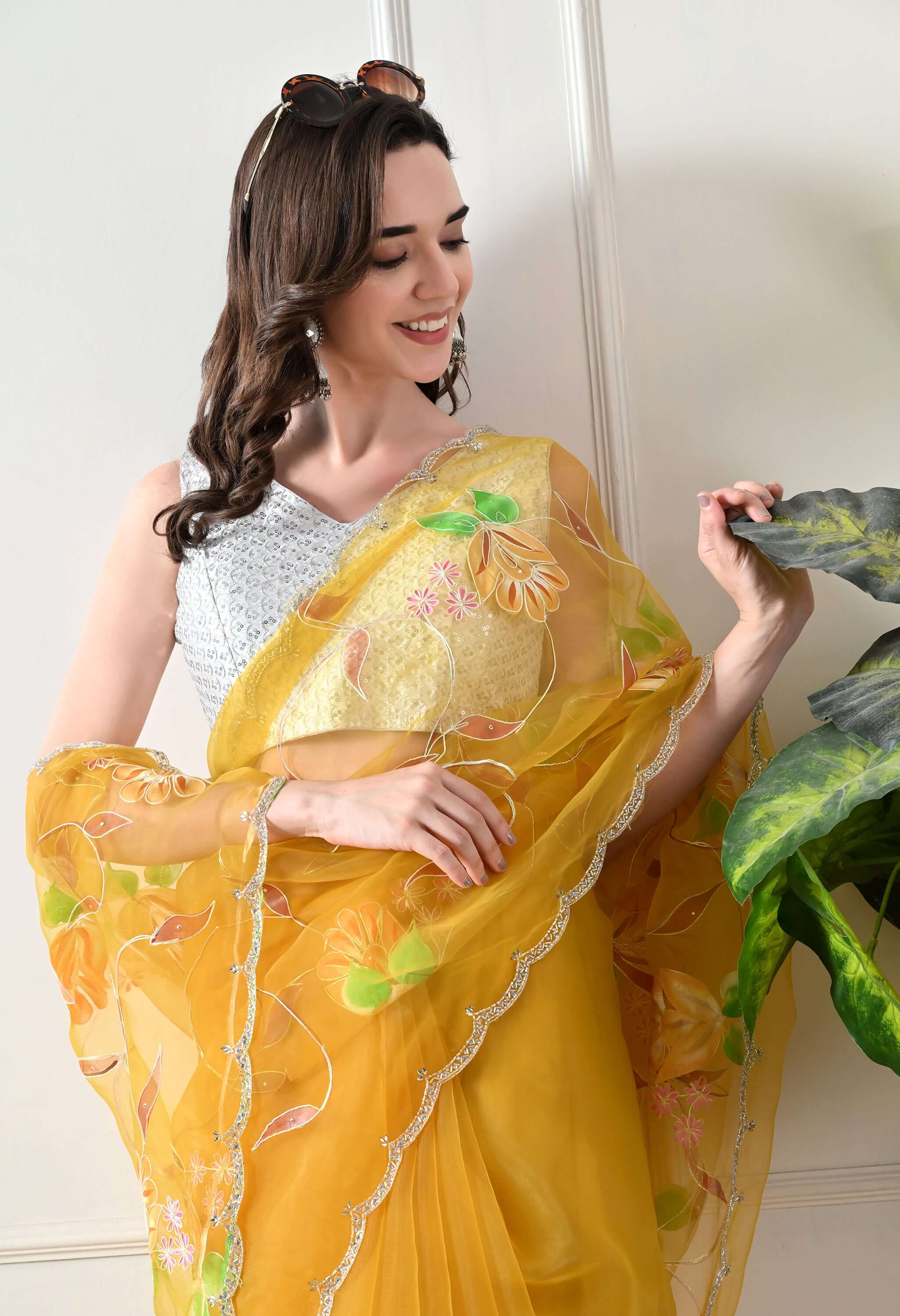 Hand Printed Yellow Organza Saree