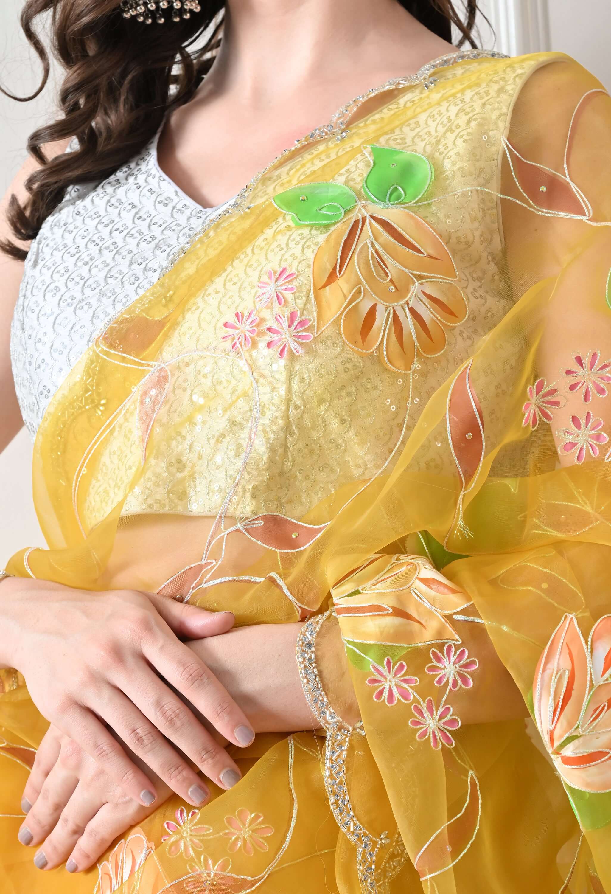 Hand Printed Yellow Organza Saree