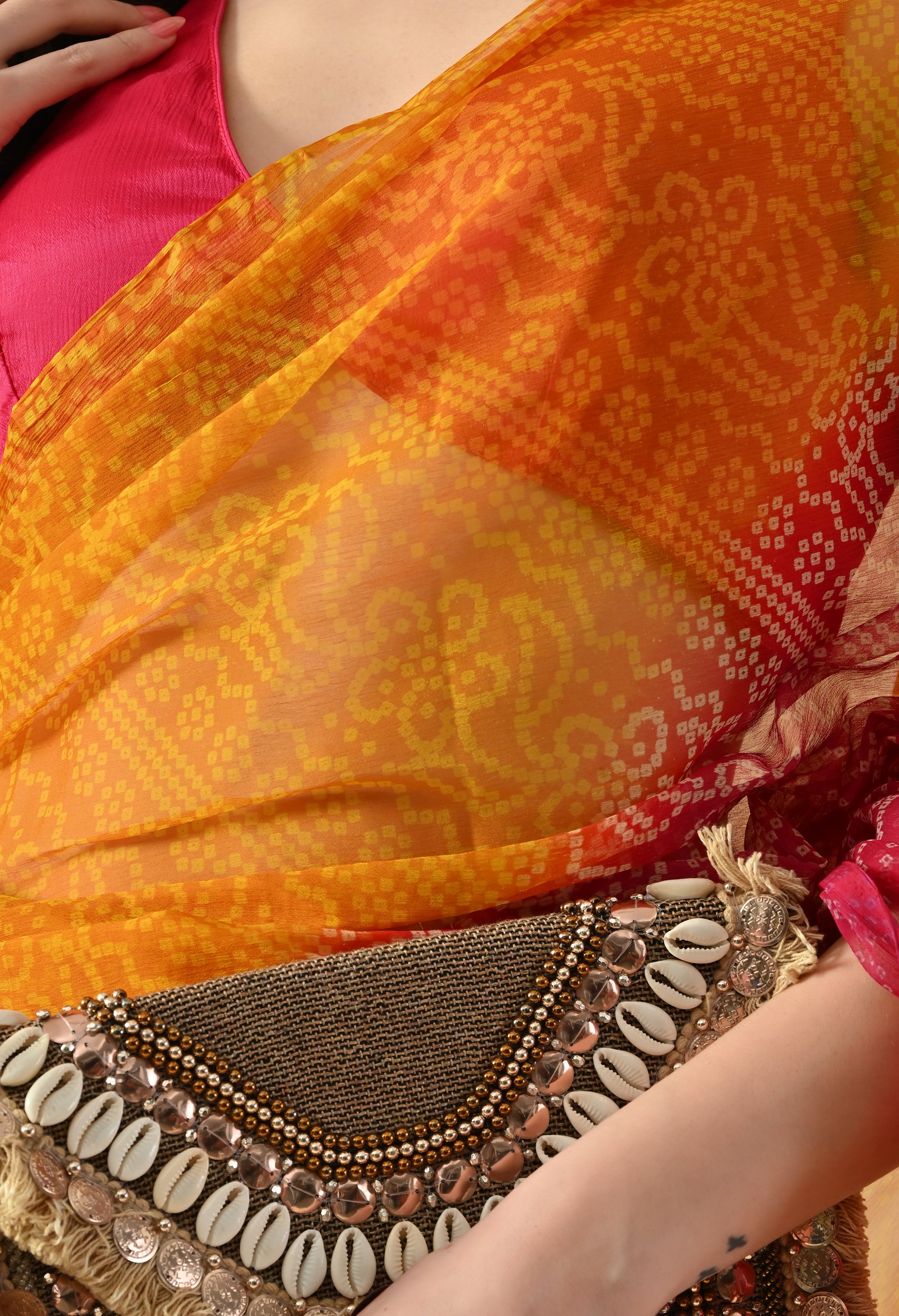 Pink & Yellow Chiffon Bandhani Print Saree