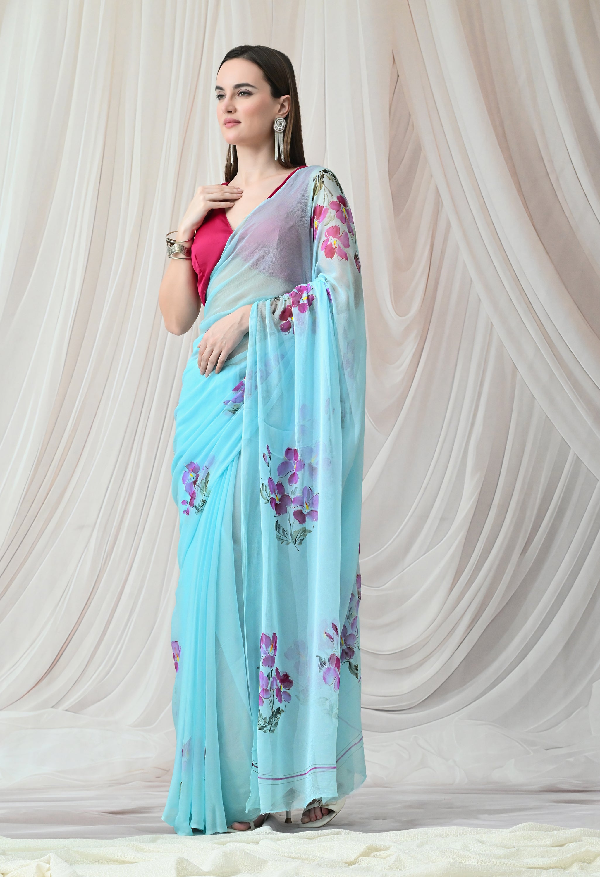 Bluebell Breeze Handpainted Pure Chiffon Saree