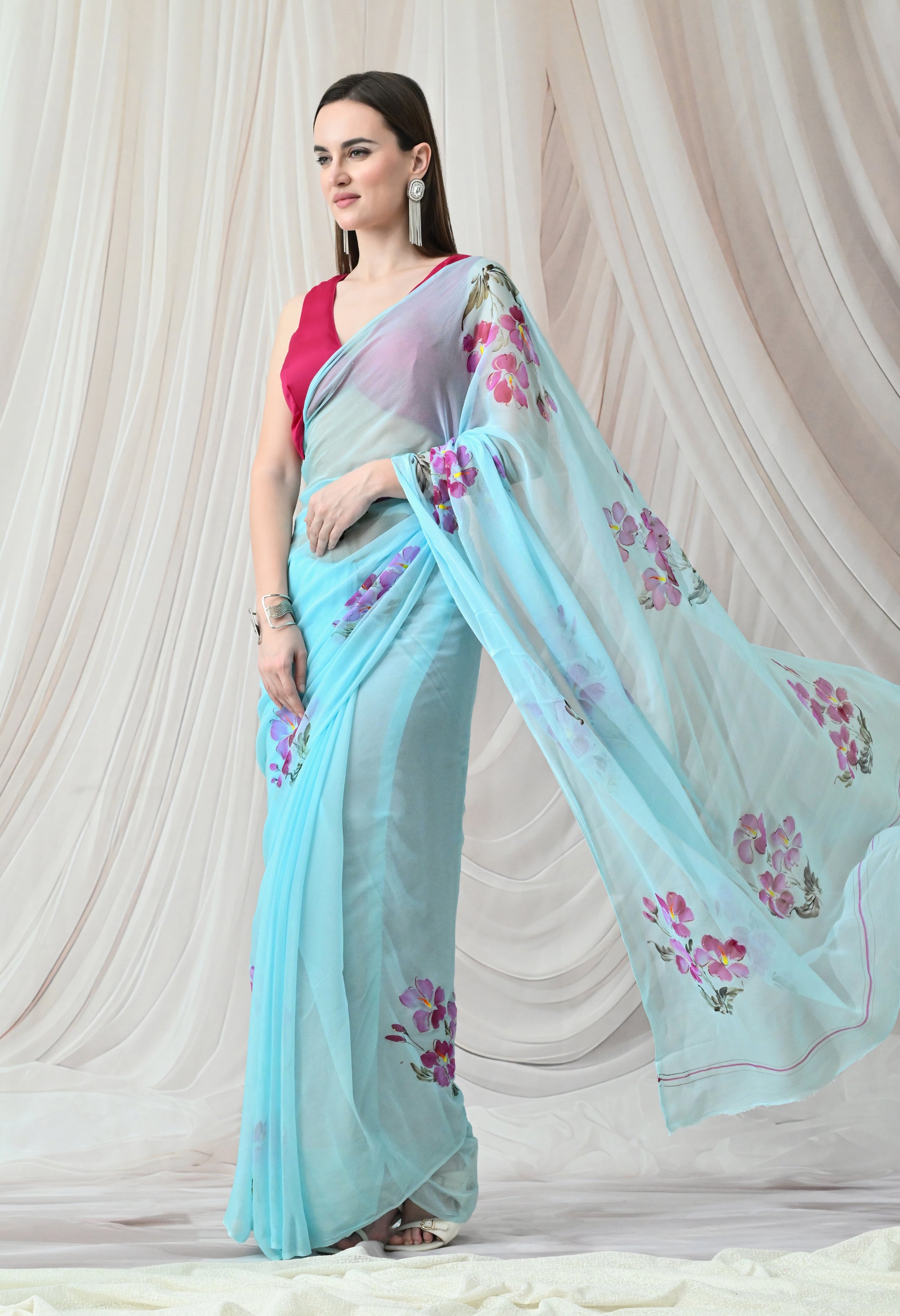 Bluebell Breeze Handpainted Pure Chiffon Saree