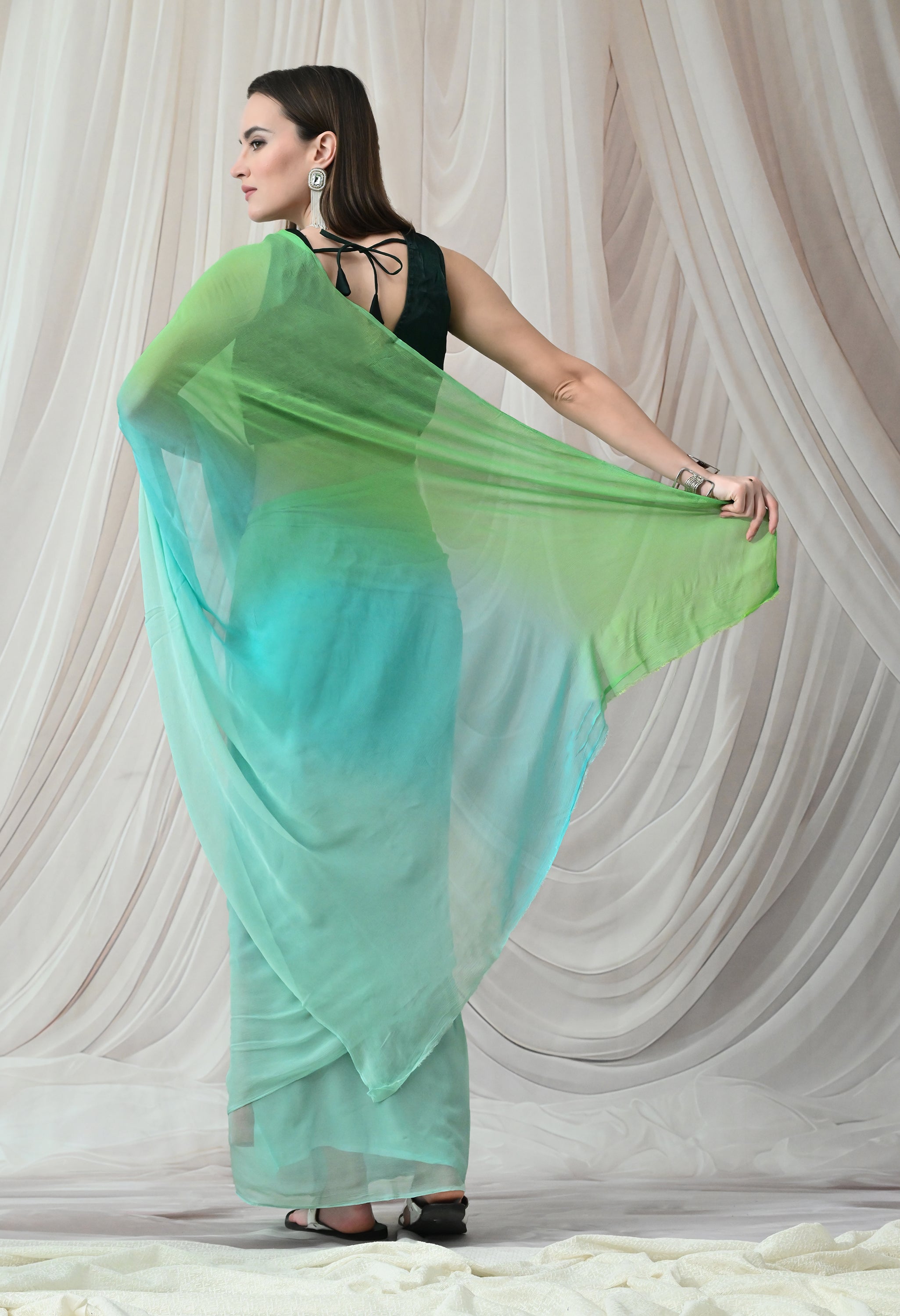 Emerald Lagoon Pure Chiffon Saree