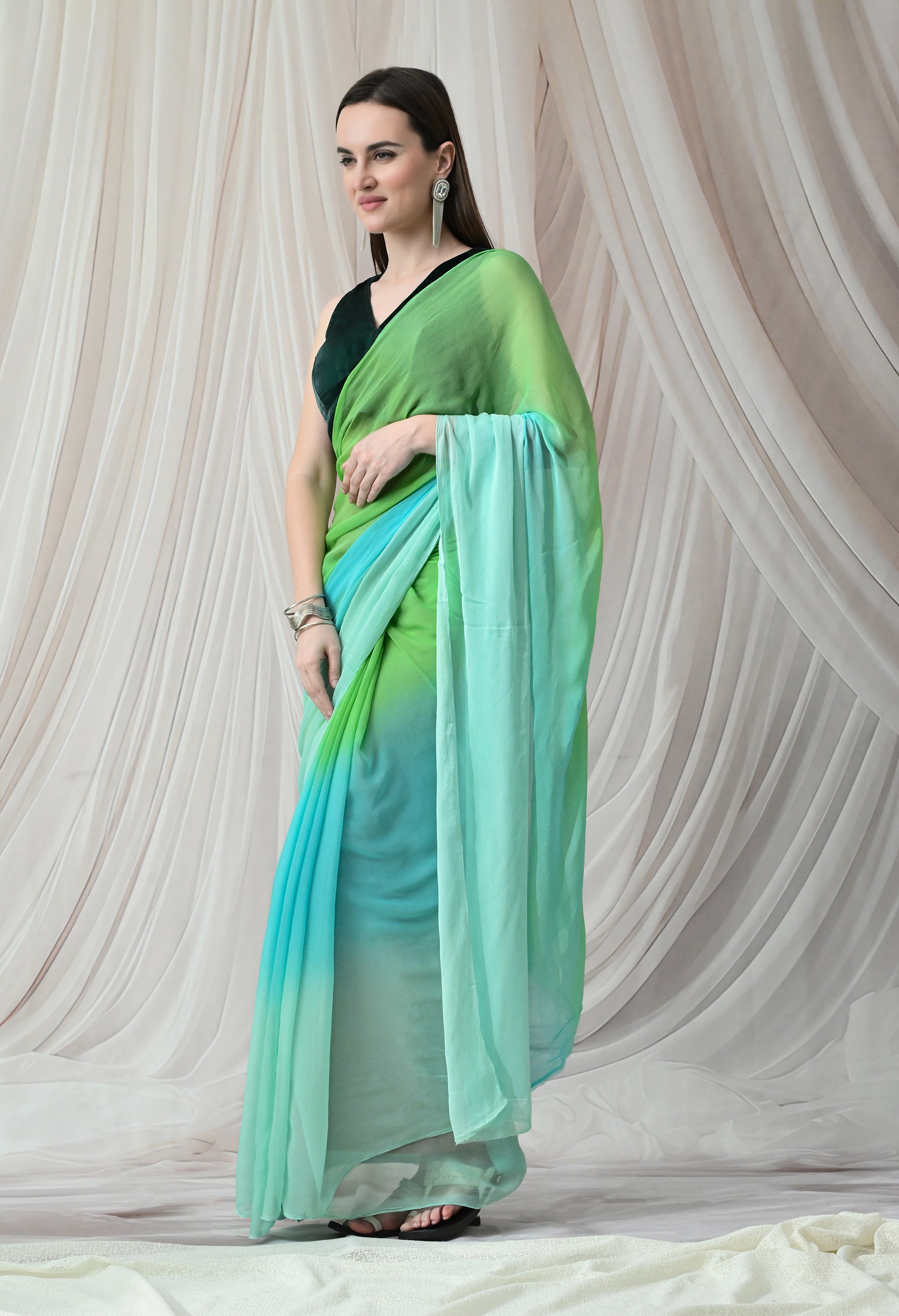 Emerald Lagoon Pure Chiffon Saree