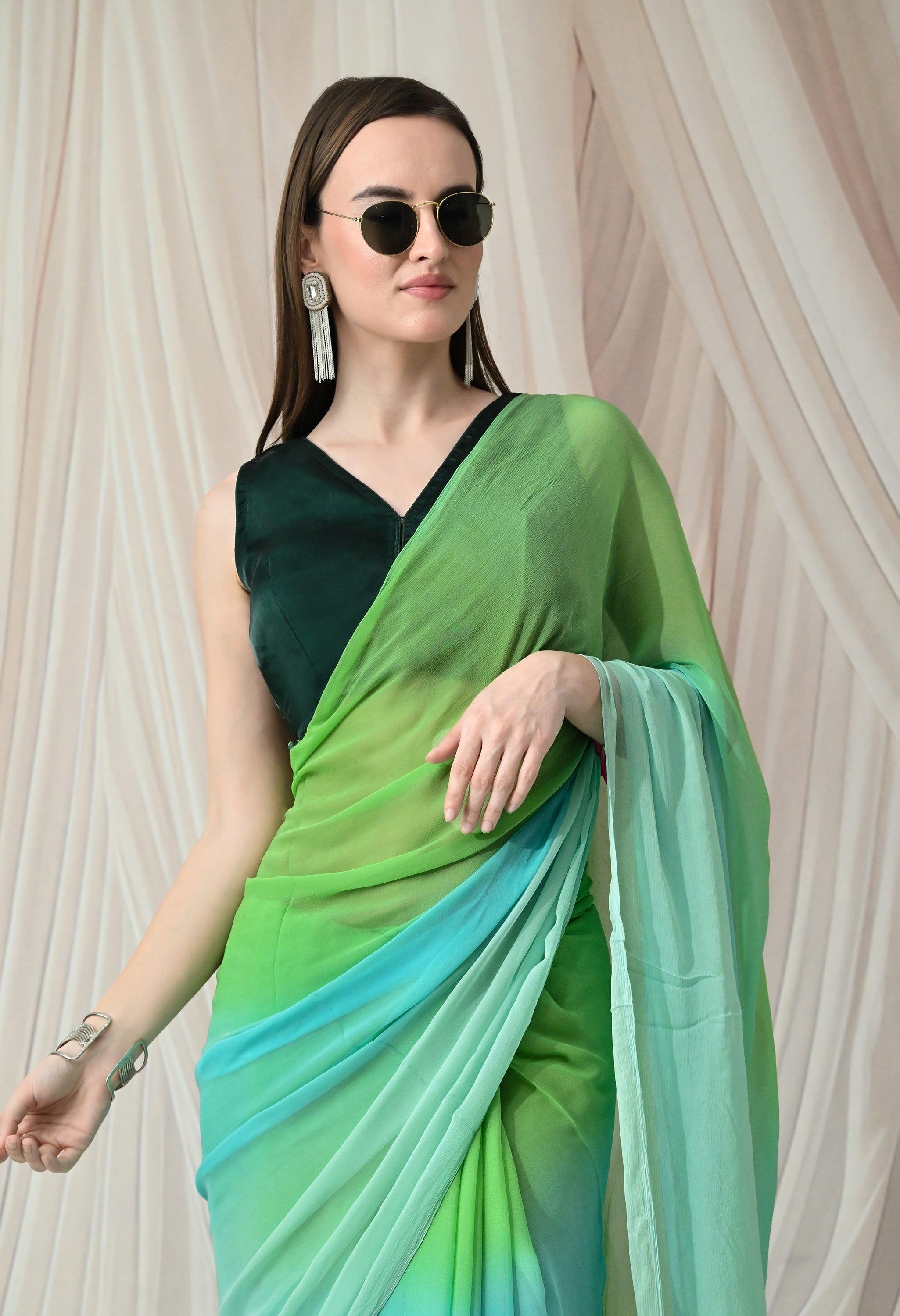 Emerald Lagoon Pure Chiffon Saree