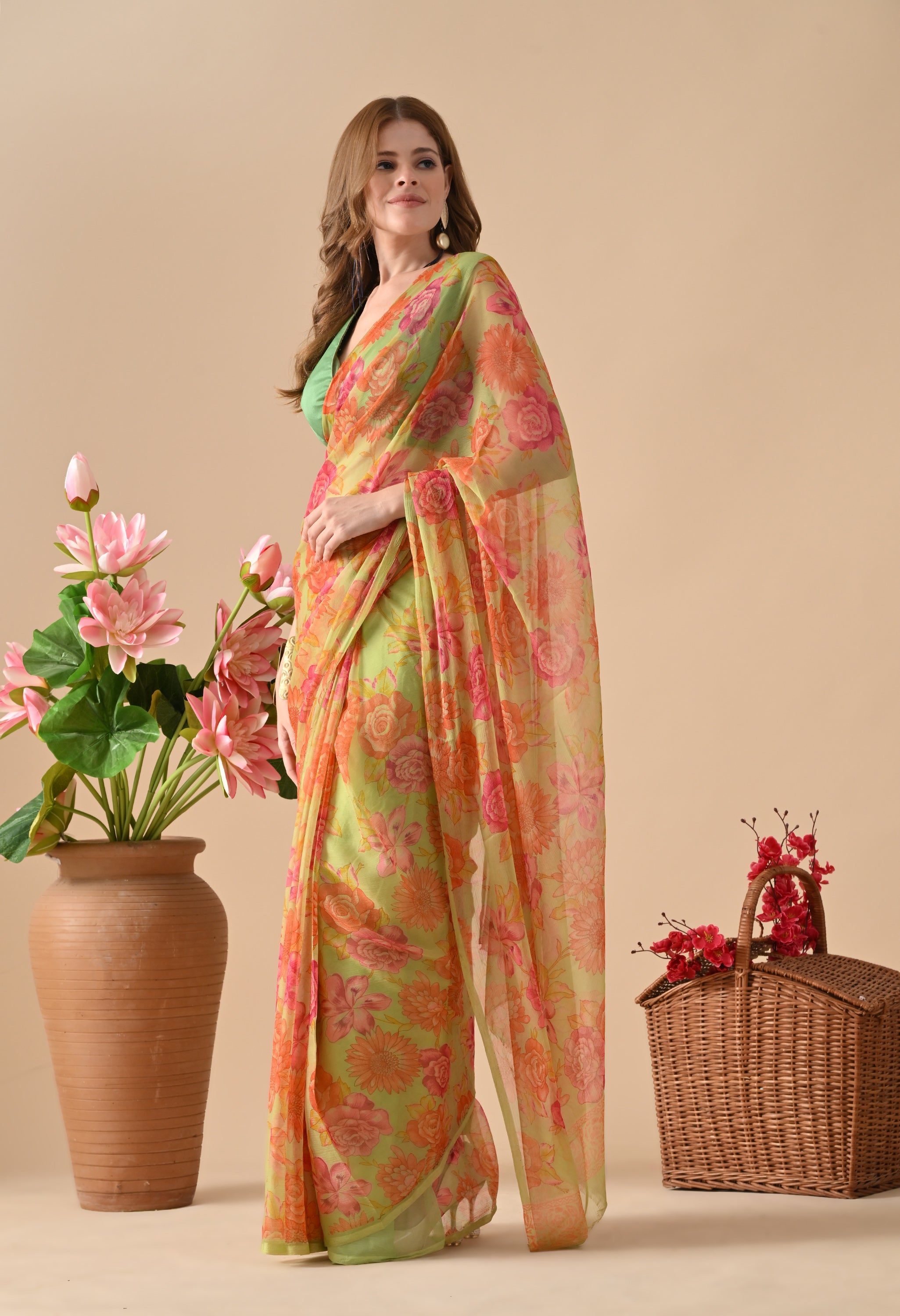 Buff Sunlight Floral Printed Chiffon Saree