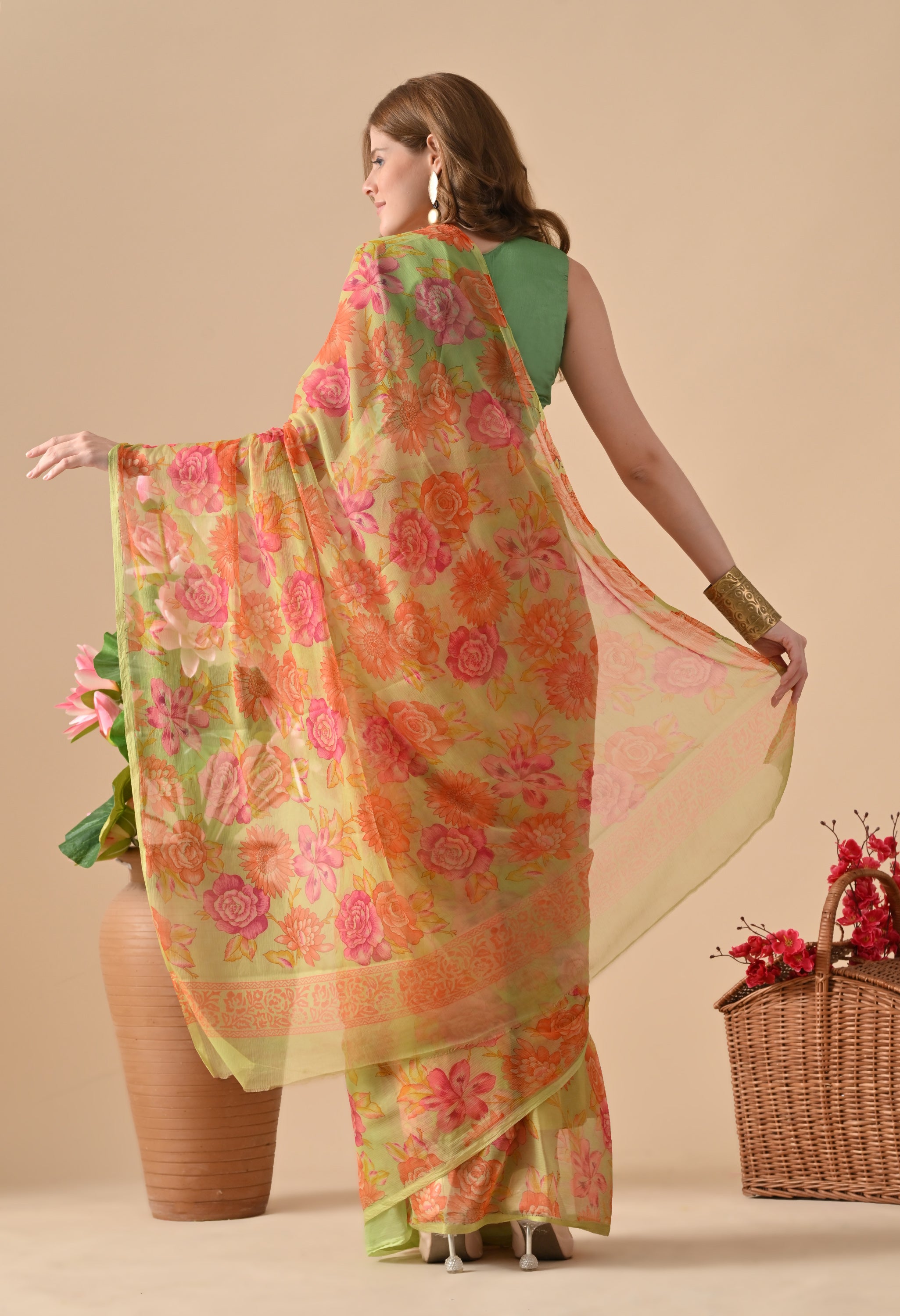 Buff Sunlight Floral Printed Chiffon Saree