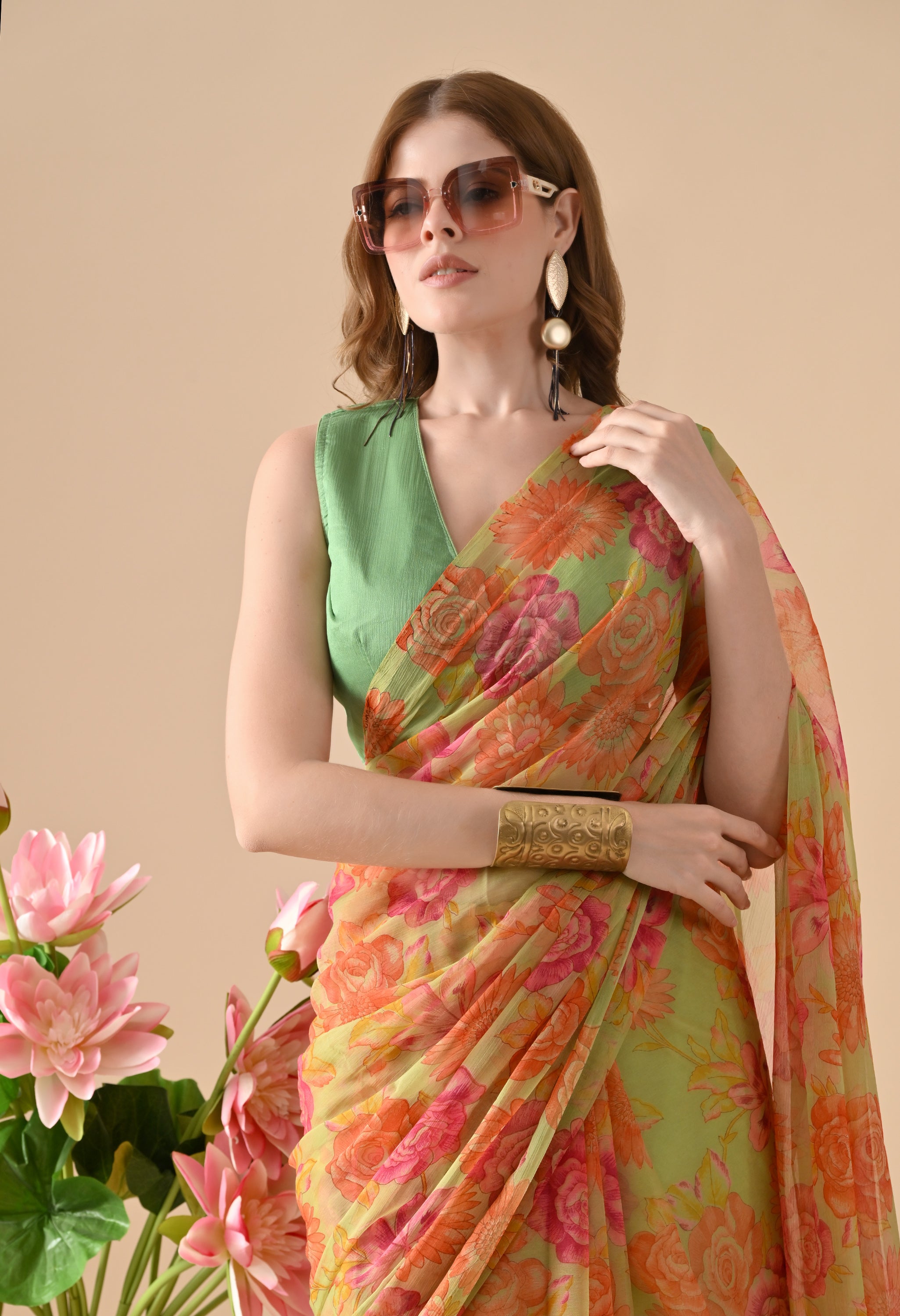Buff Sunlight Floral Printed Chiffon Saree
