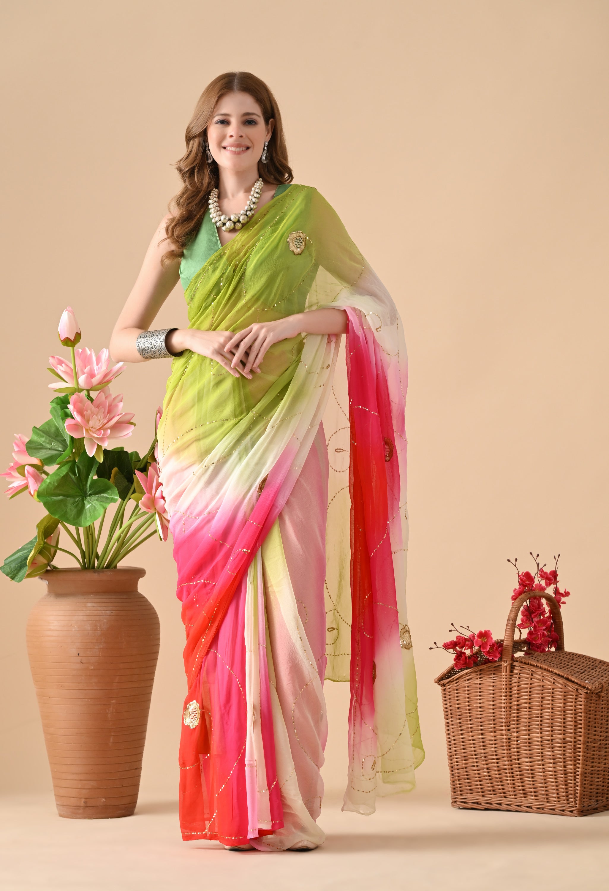 Electric Lime Rose Tie & Dye Diamond Chiffon Saree