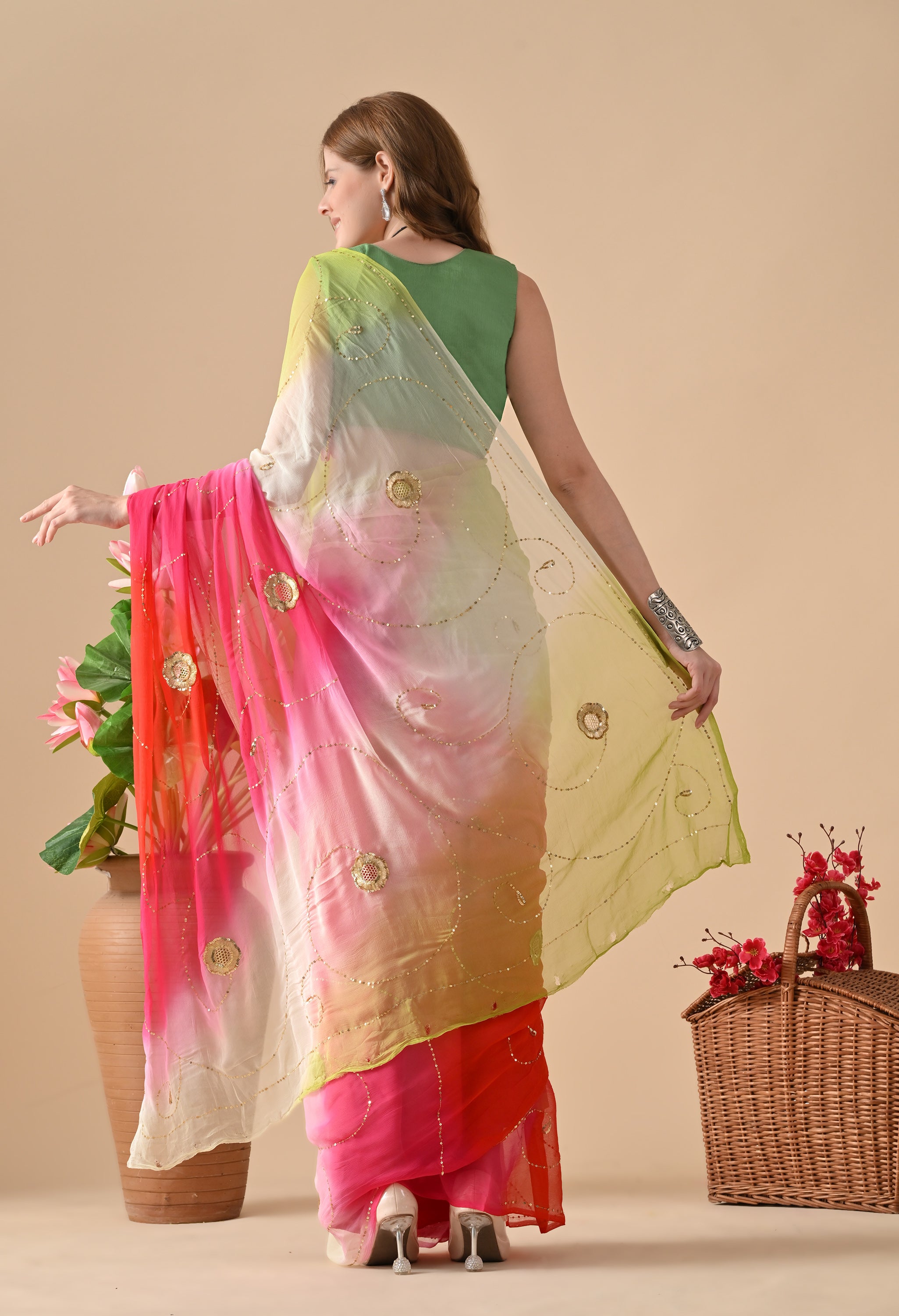Electric Lime Rose Tie & Dye Diamond Chiffon Saree