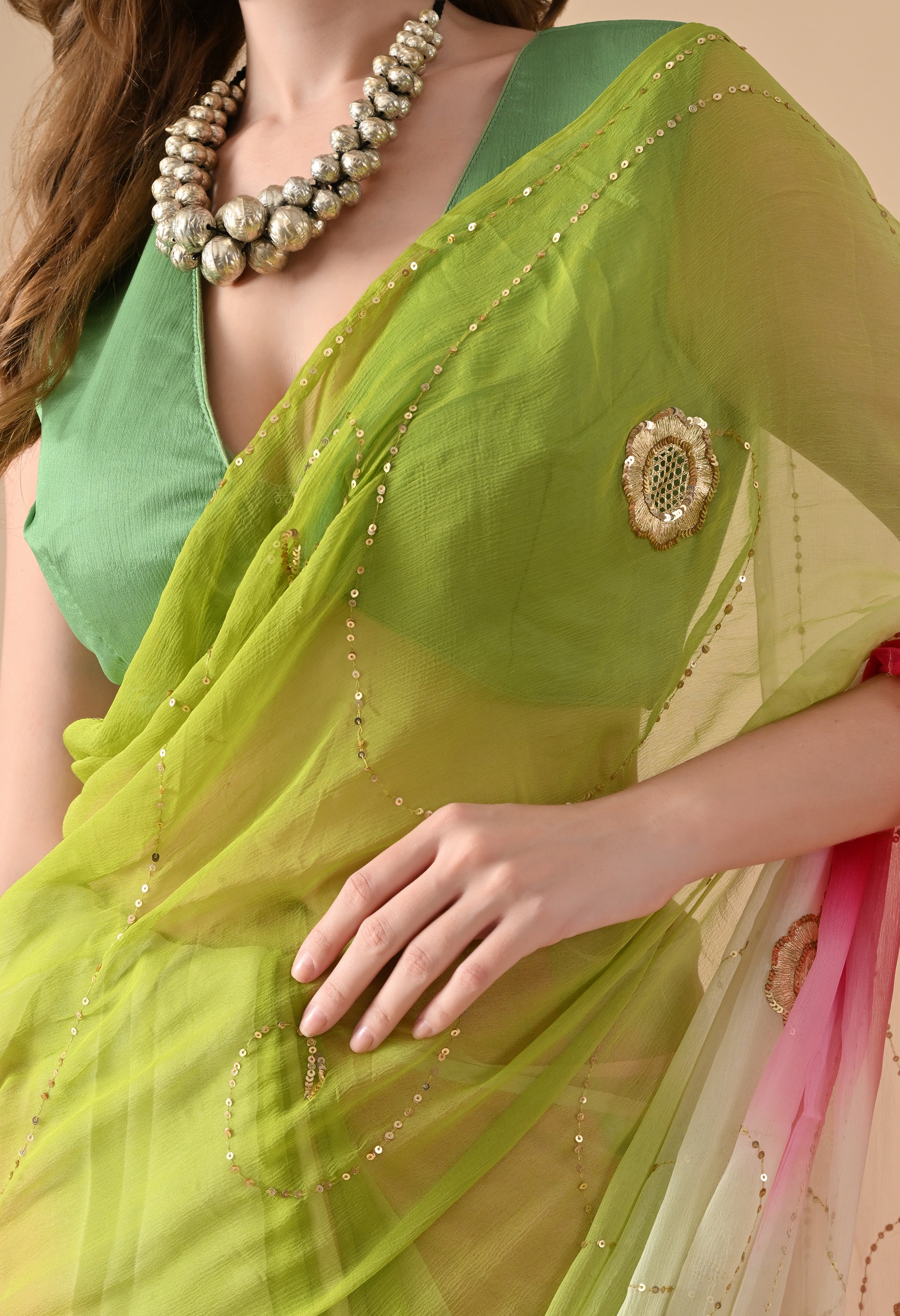 Electric Lime Rose Tie & Dye Diamond Chiffon Saree