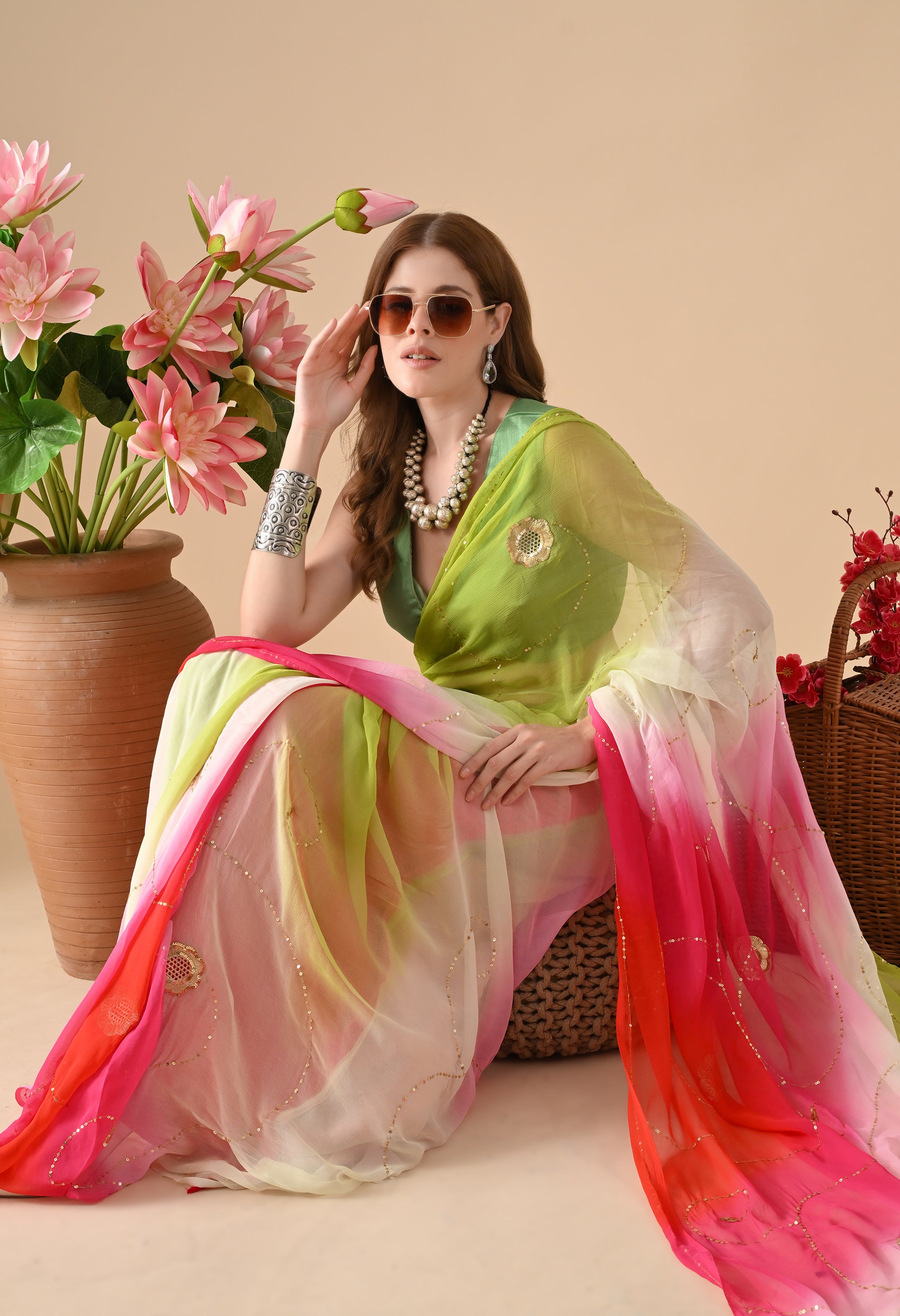 Electric Lime Rose Tie & Dye Diamond Chiffon Saree