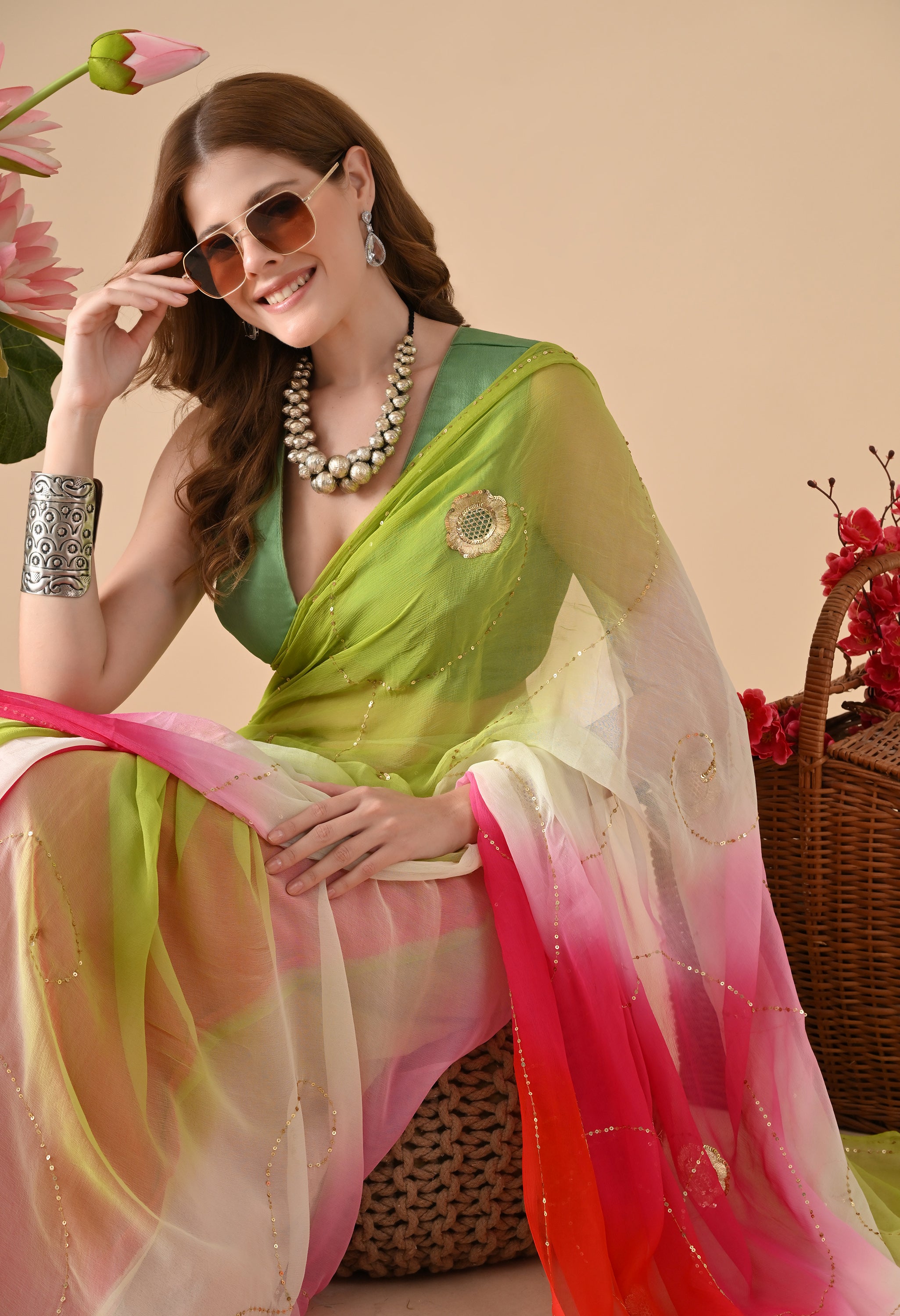 Electric Lime Rose Tie & Dye Diamond Chiffon Saree