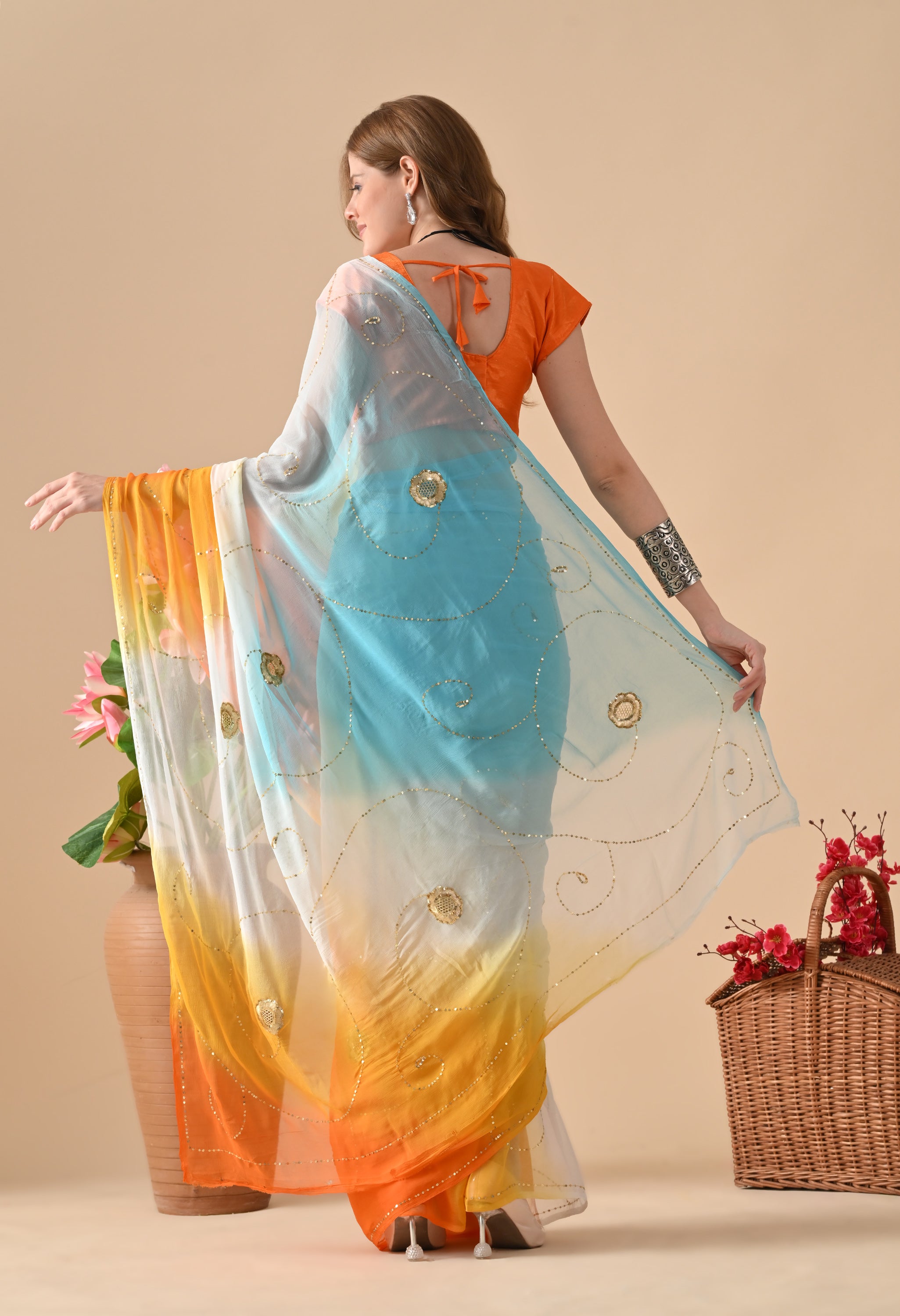 Blue Sun downer Tie & dye Sequin Diamond Chiffon Saree