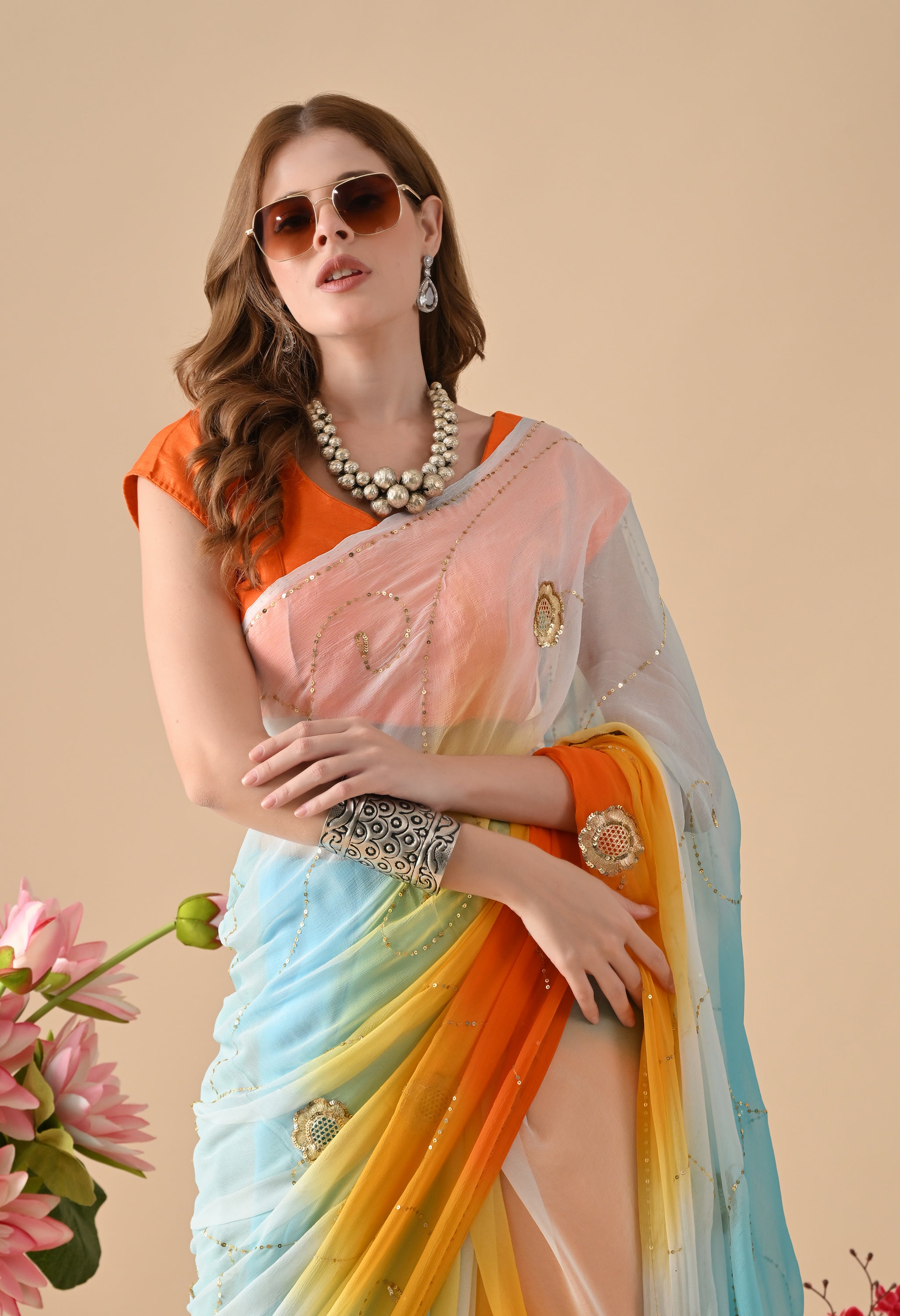 Blue Sun downer Tie & dye Sequin Diamond Chiffon Saree