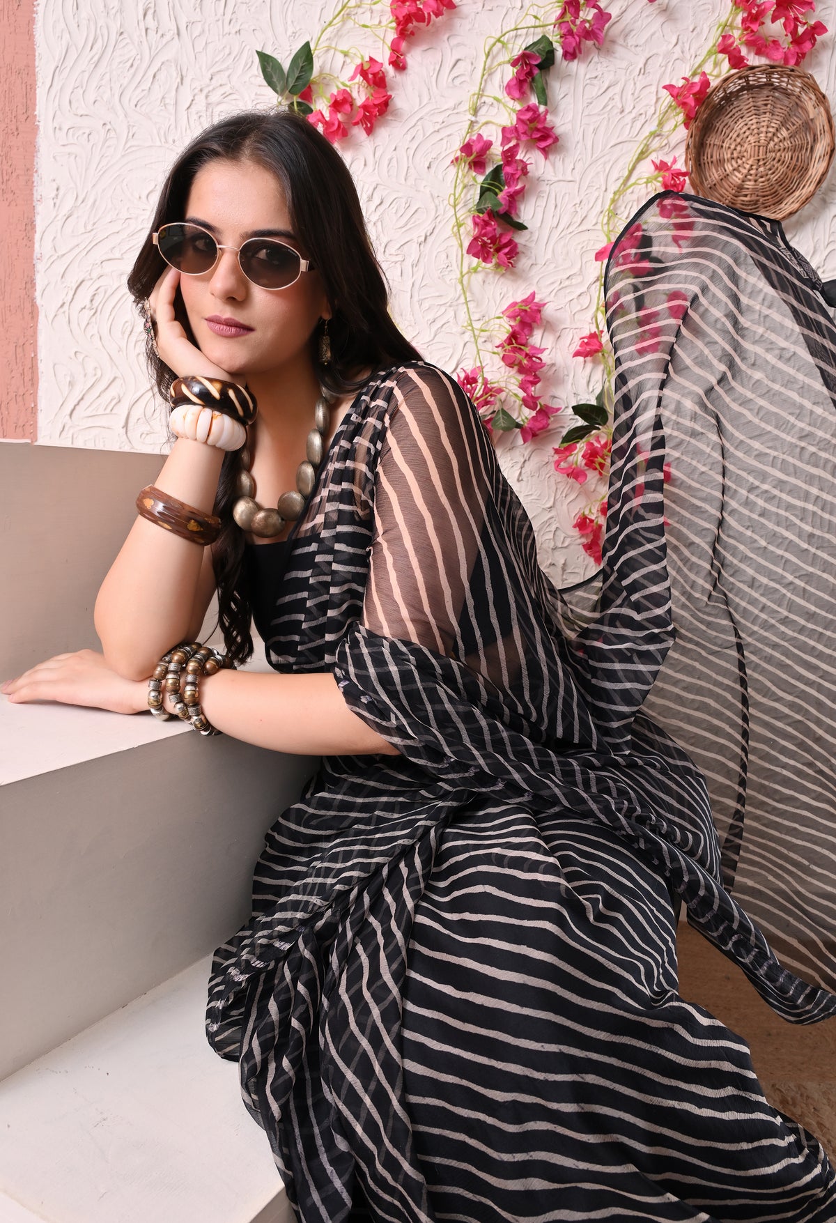 Monochrome Wave Leheriya Chiffon Saree