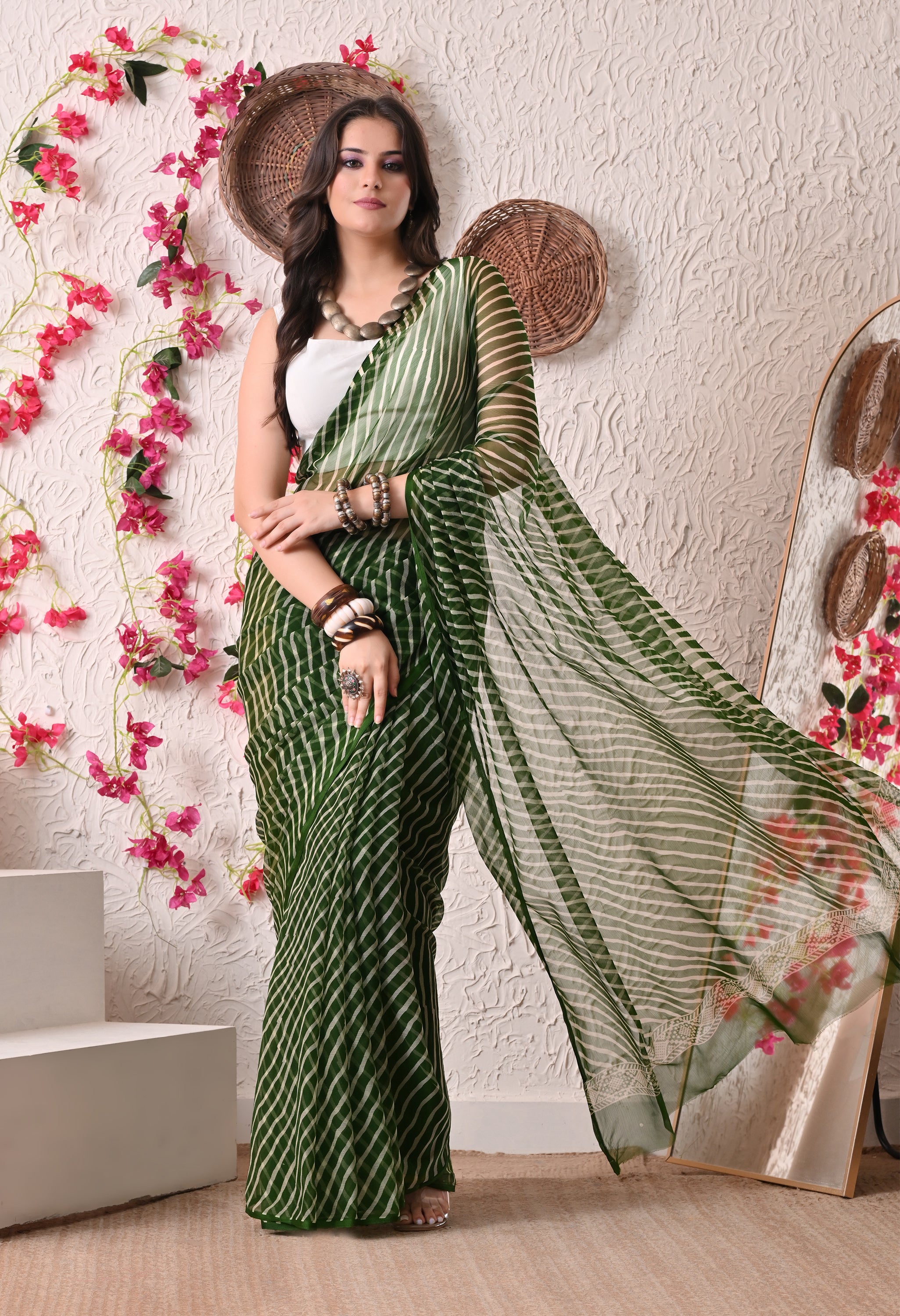 Olive Ripple Leheriya Italian Chiffon Saree