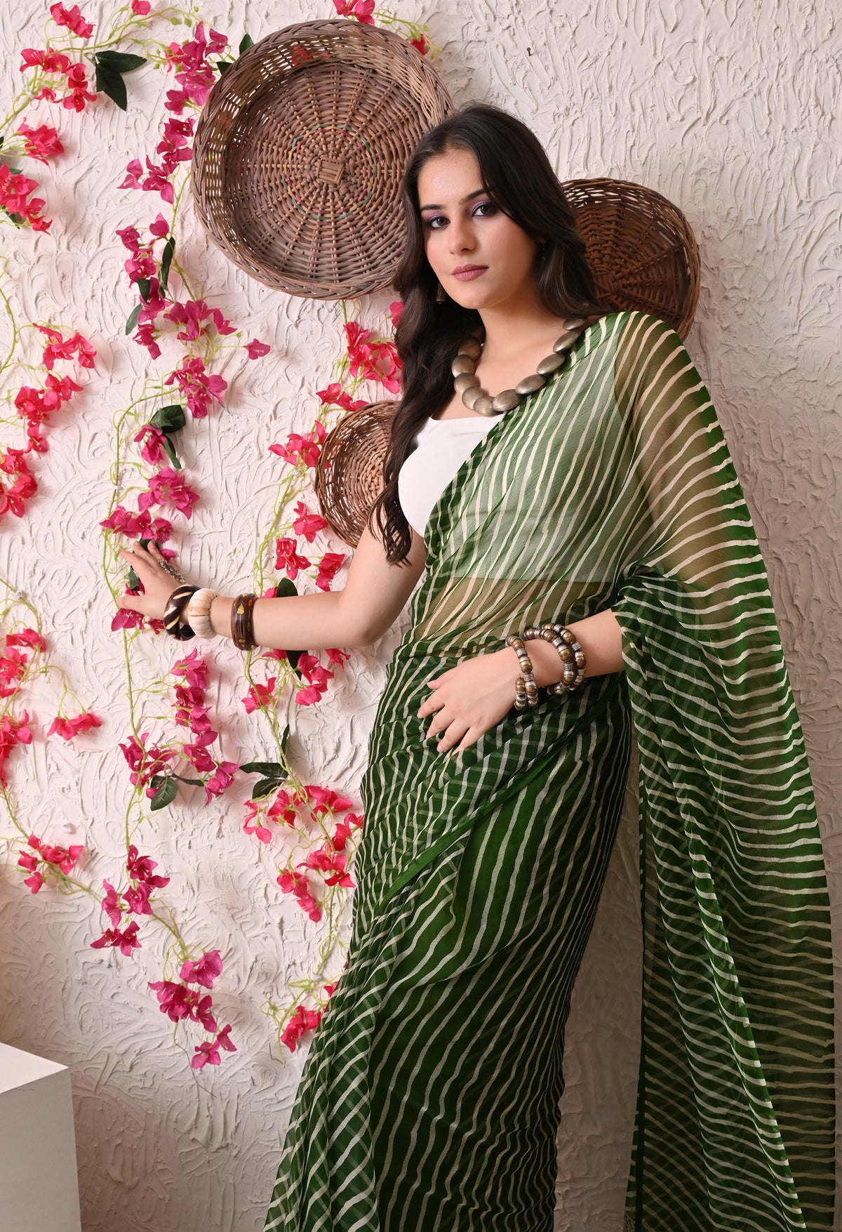 Olive Ripple Leheriya Italian Chiffon Saree