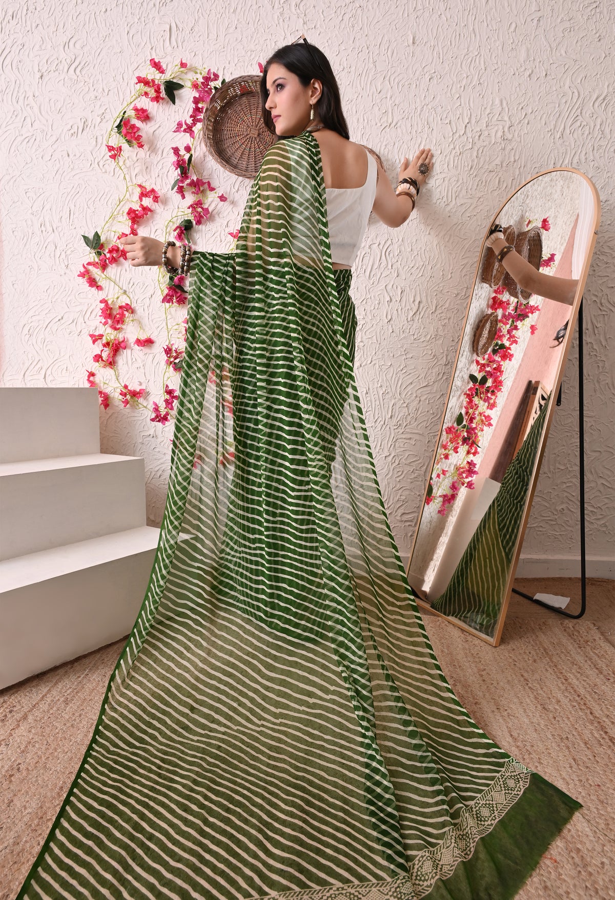 Olive Ripple Leheriya Italian Chiffon Saree
