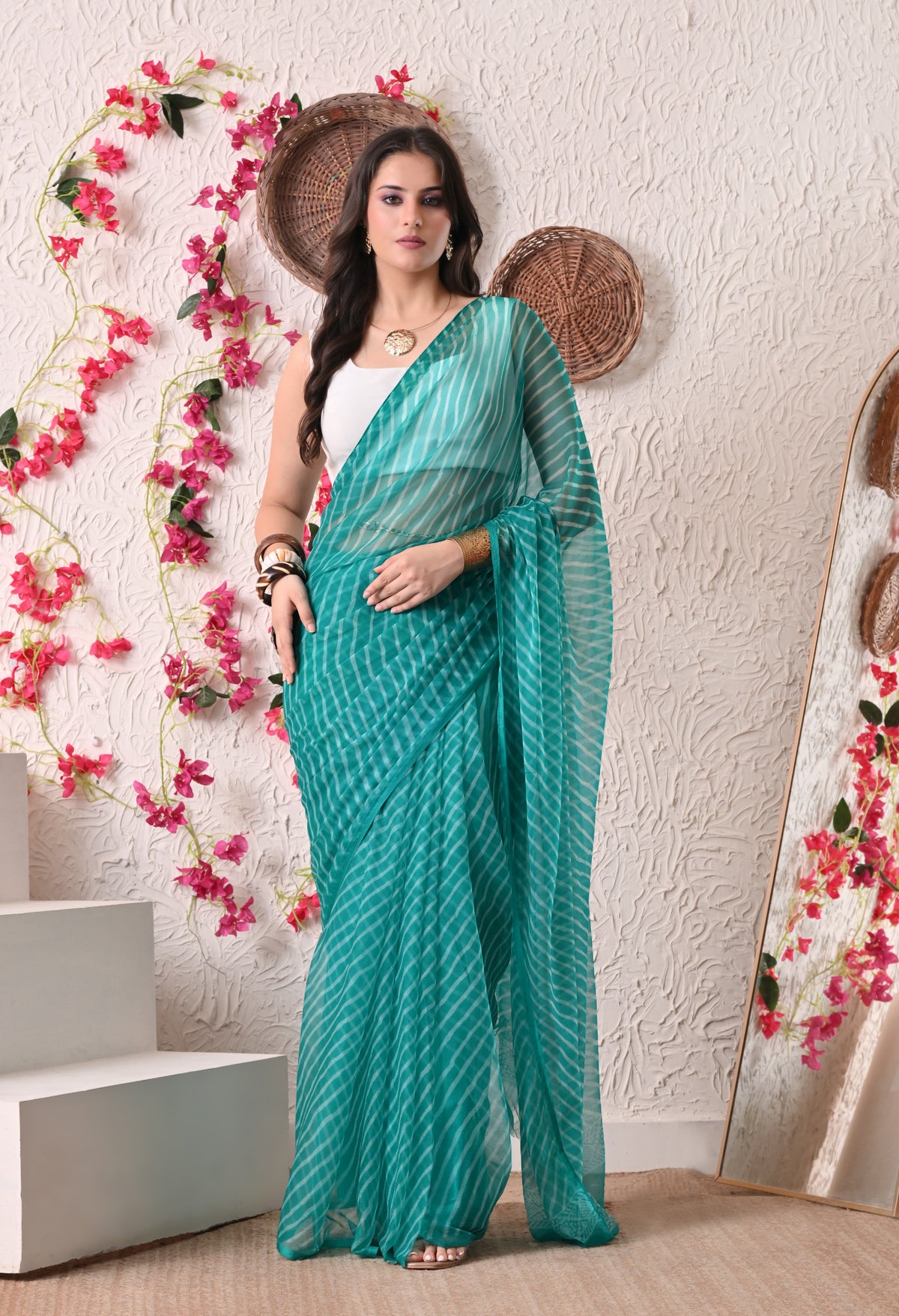 Turquoise Leheriya Italian Chiffon Saree