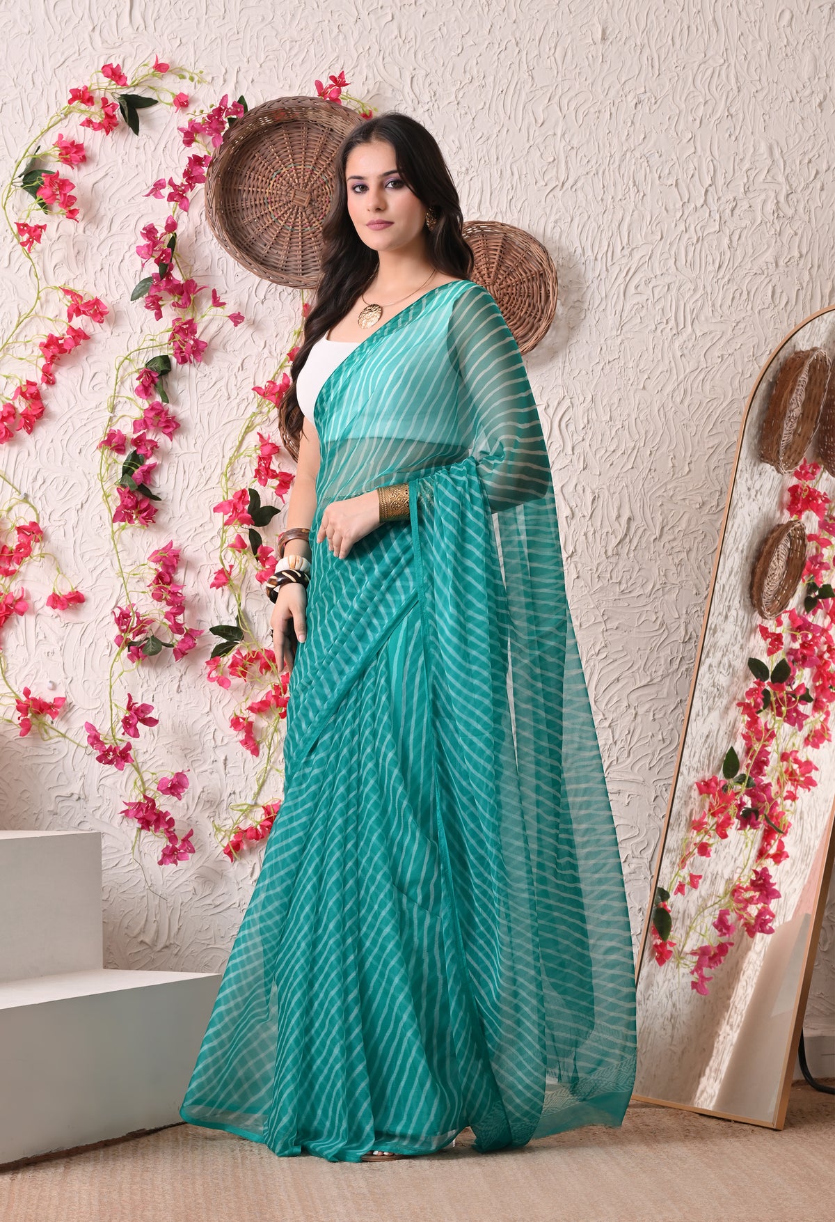 Turquoise Leheriya Italian Chiffon Saree