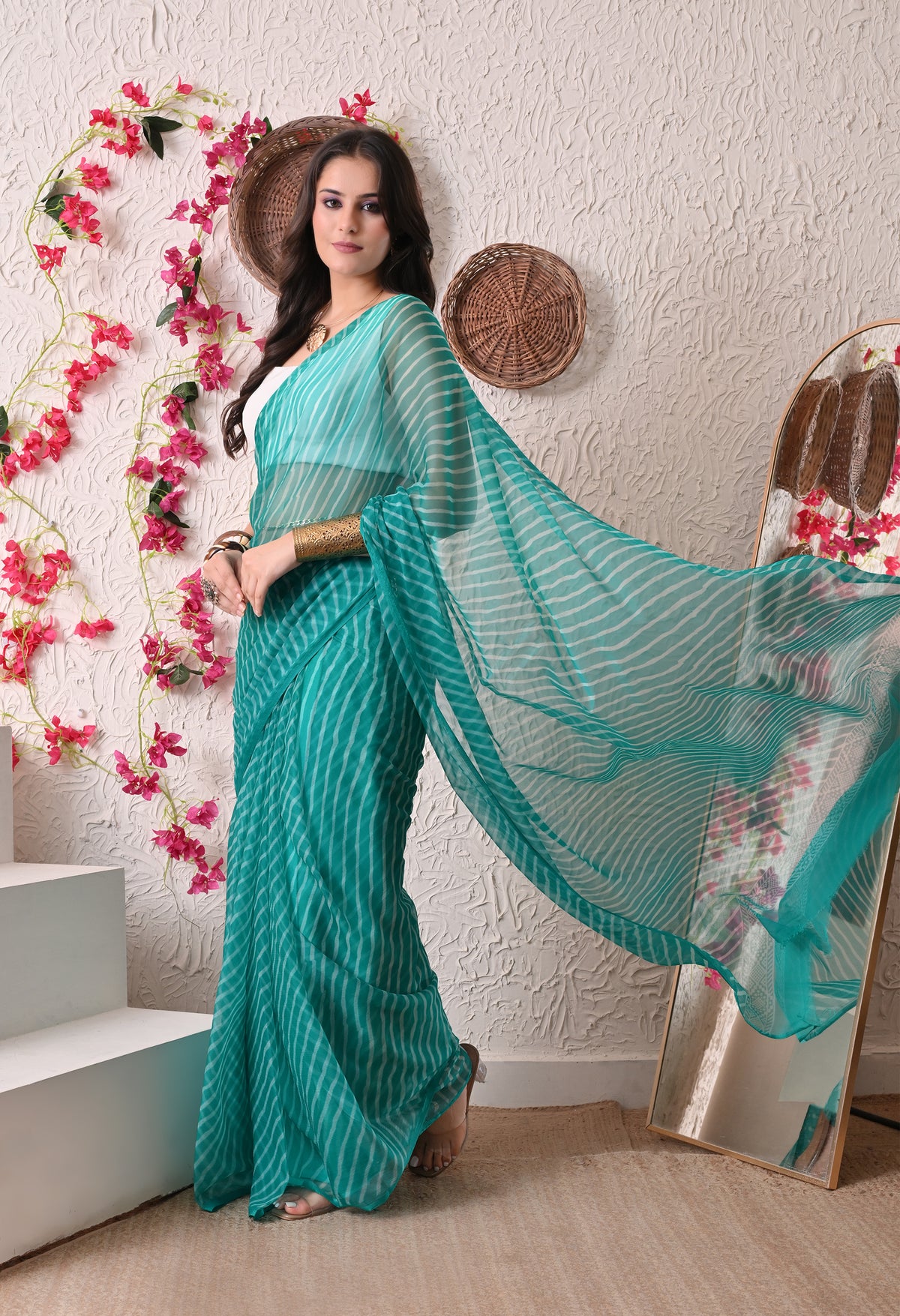 Turquoise Leheriya Italian Chiffon Saree