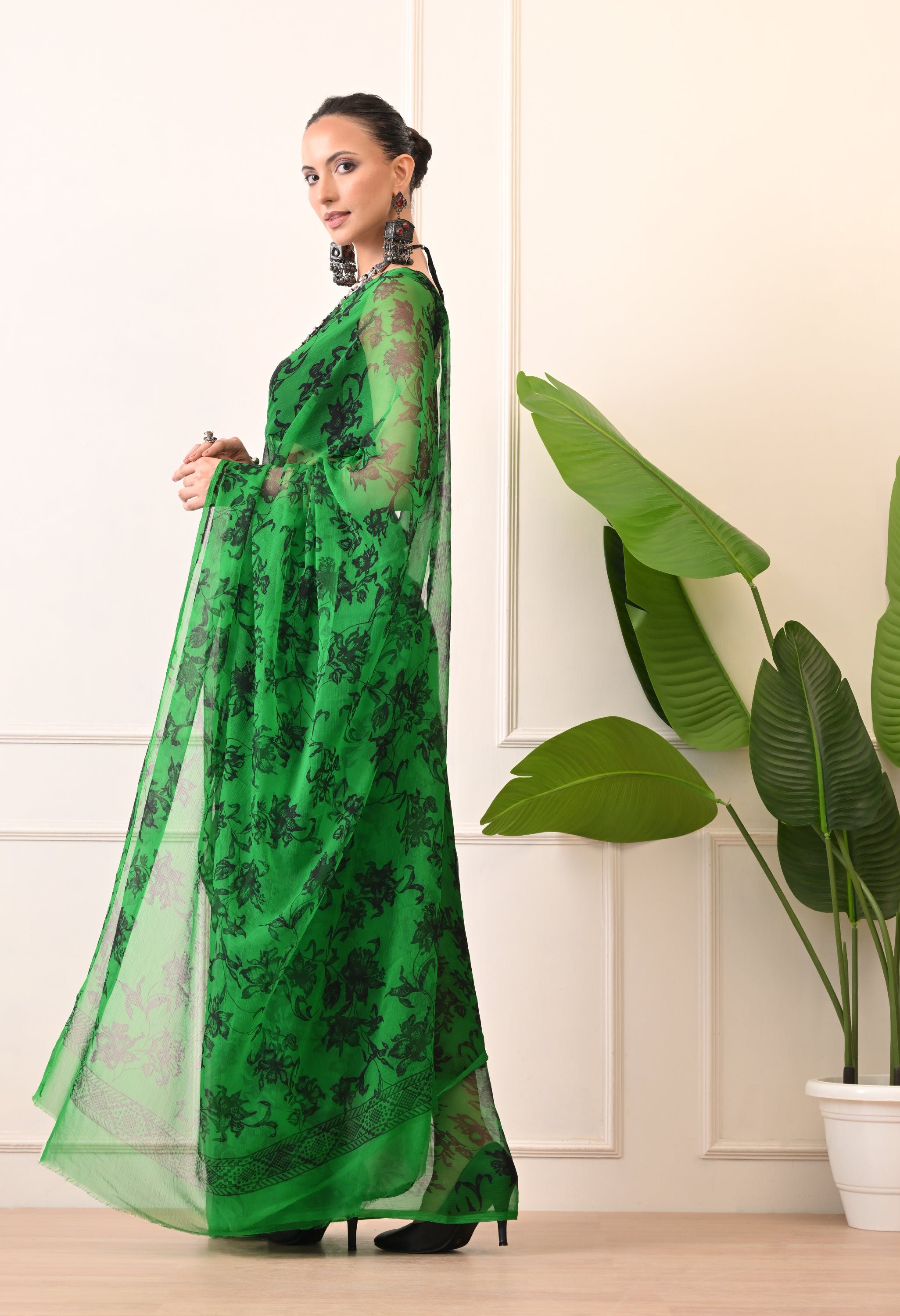 Printed Green Chiffon Saree