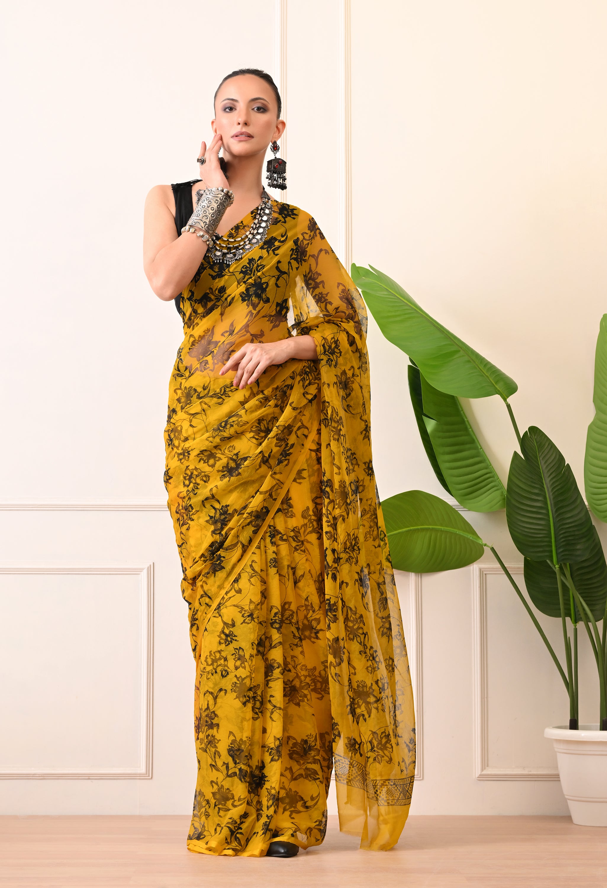 Printed Yellow Chiffon Saree