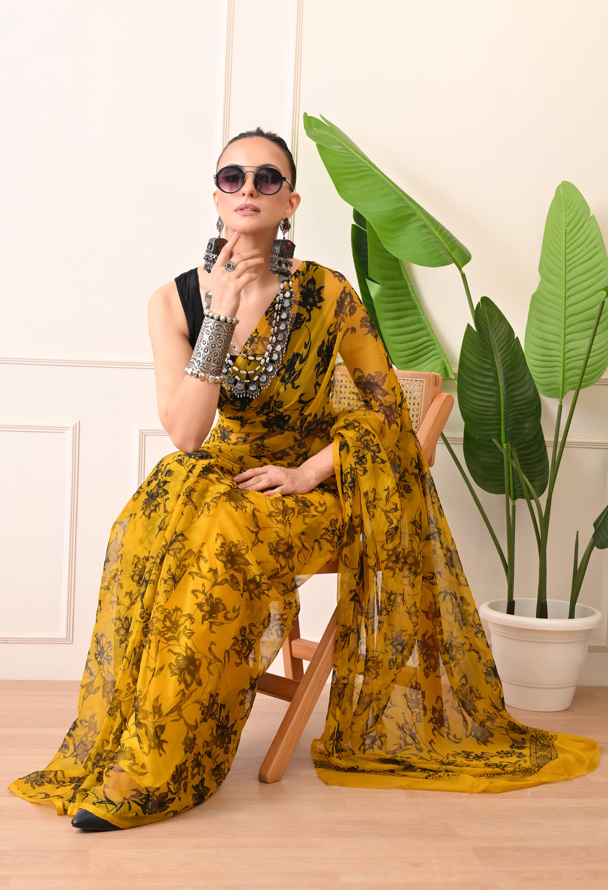 Printed Yellow Chiffon Saree