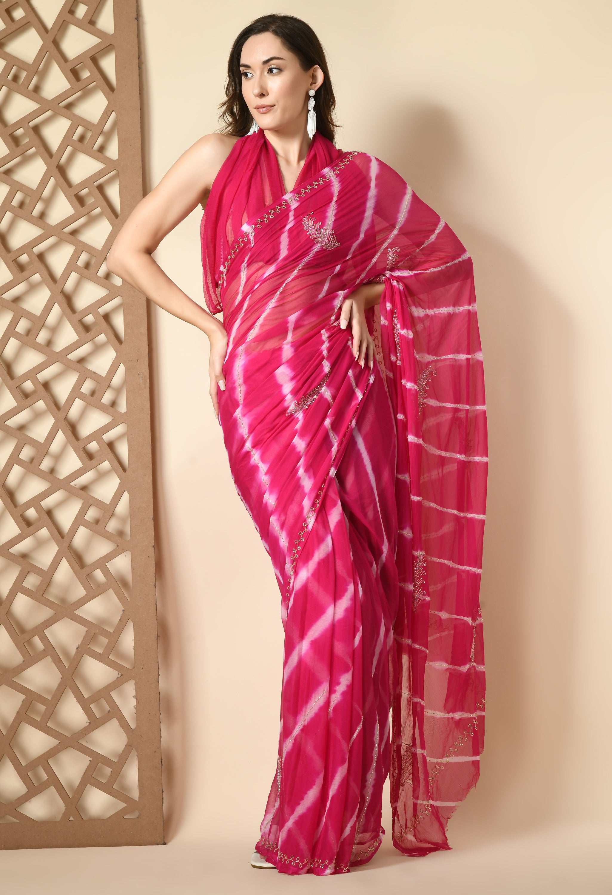 House of Chiffon chiffon gulabi rang leheriya saree crafted for casual saree elegance, festive wear, and pre-wedding collection must-haves.