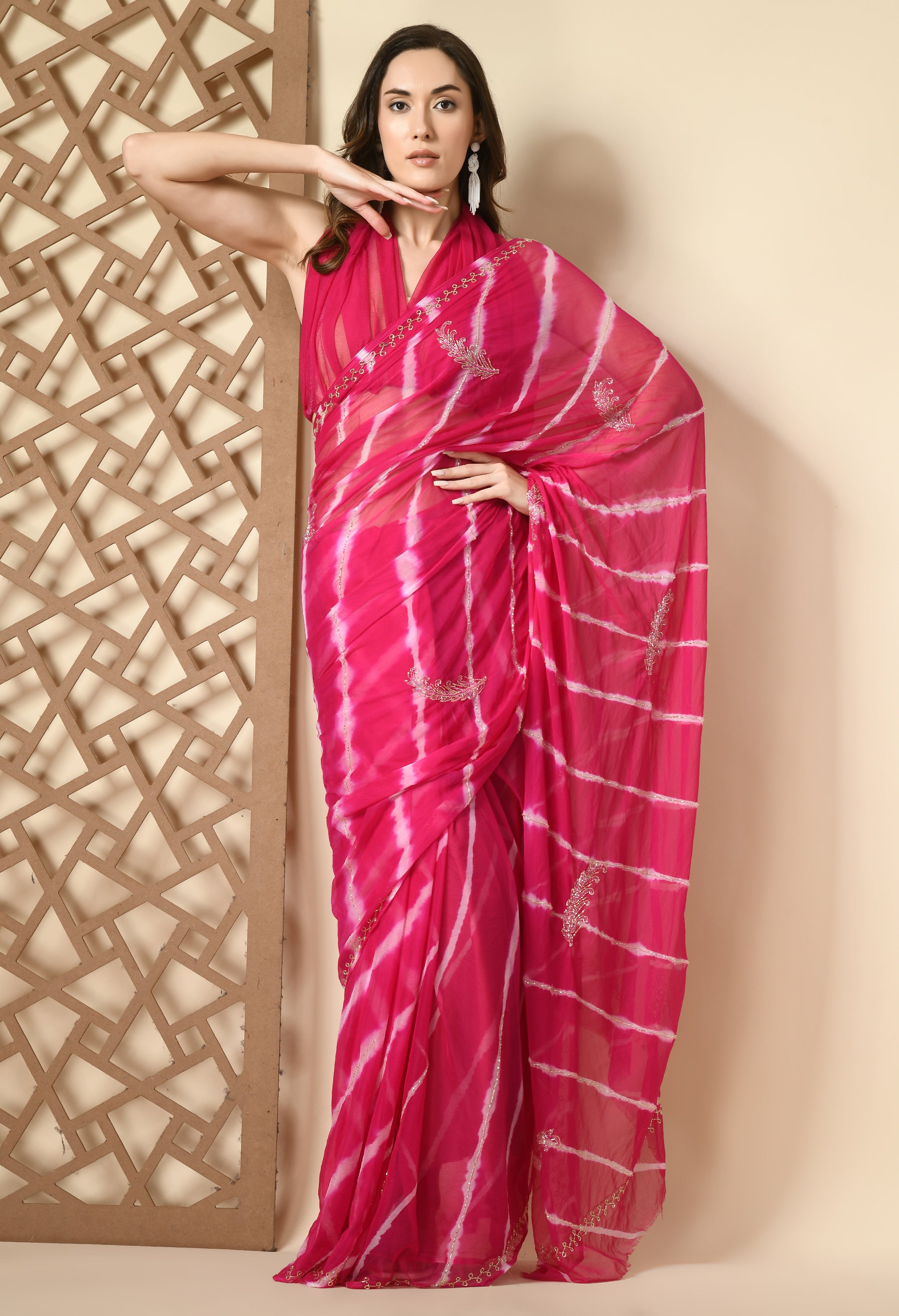 House of Chiffon chiffon gulabi rang leheriya saree crafted for casual saree elegance, festive wear, and pre-wedding collection must-haves.