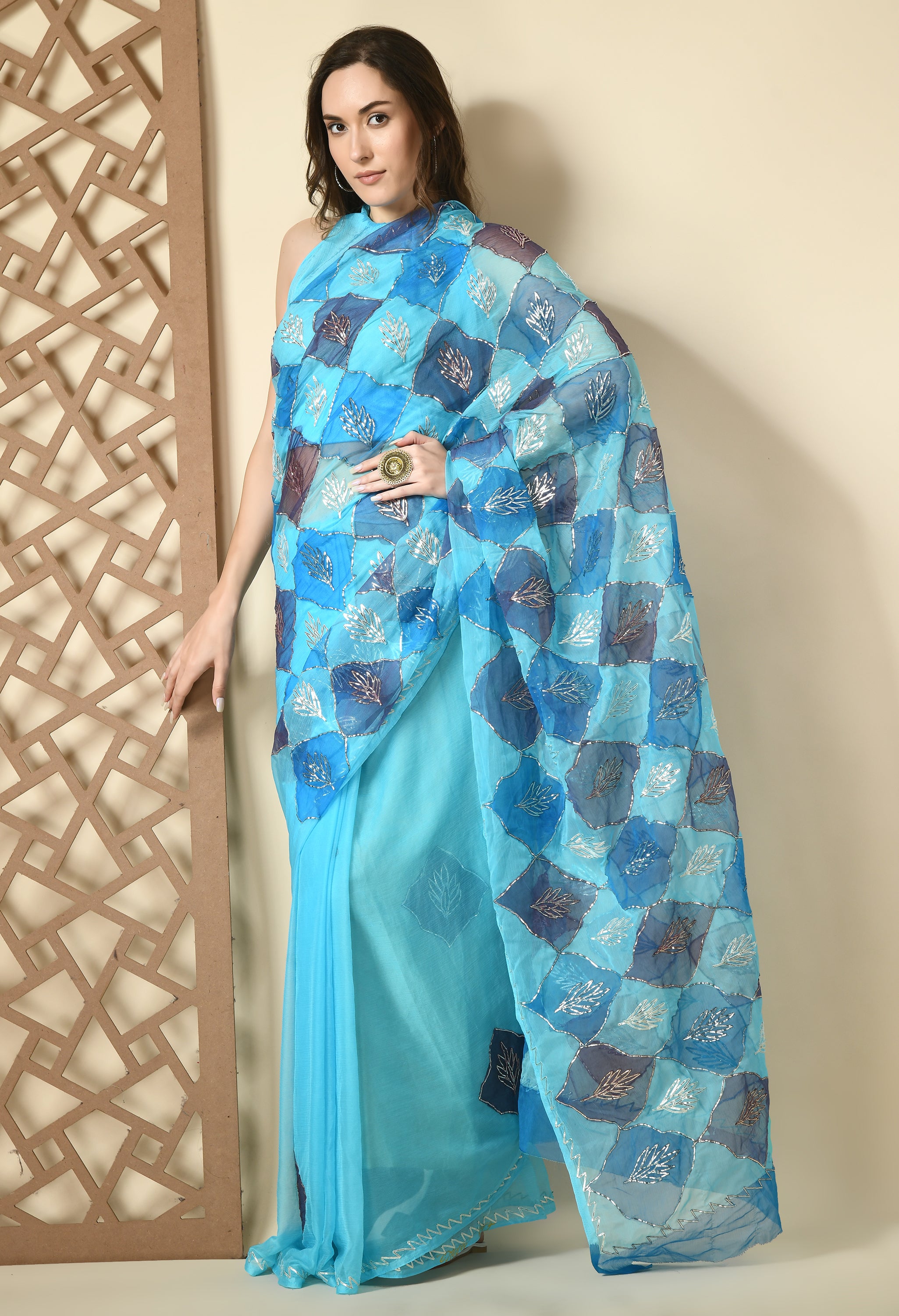 Asmani Skylink Hand Painted Gotta Chiffon saree design showcasing festive wear elegance, styled as casual saree, party wear saree, and timeless trousseau saree.