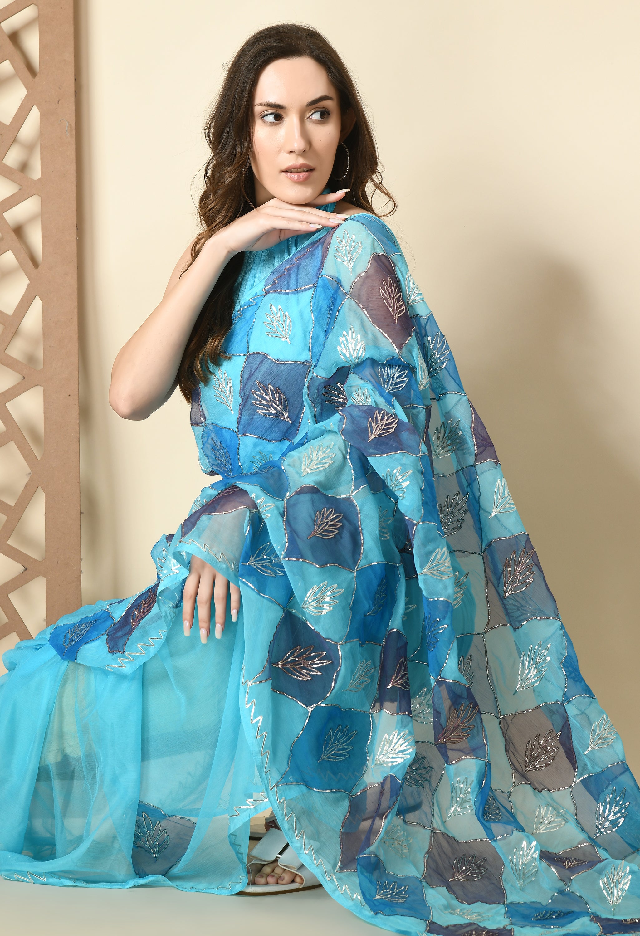 Asmani Skylink Hand Painted Gotta Chiffon saree design showcasing festive wear elegance, styled as casual saree, party wear saree, and timeless trousseau saree.