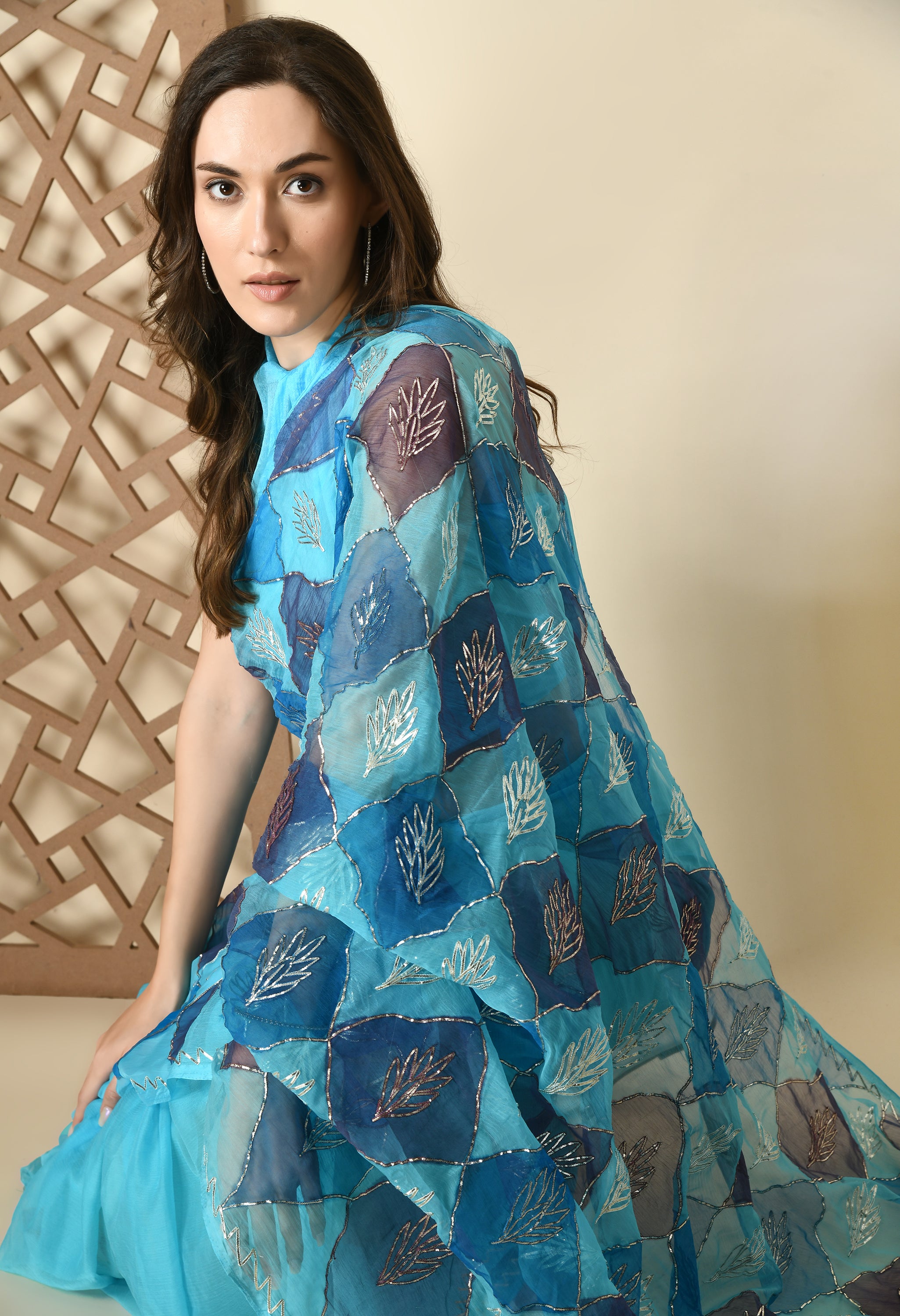Asmani Skylink Hand Painted Gotta Chiffon saree design showcasing festive wear elegance, styled as casual saree, party wear saree, and timeless trousseau saree.