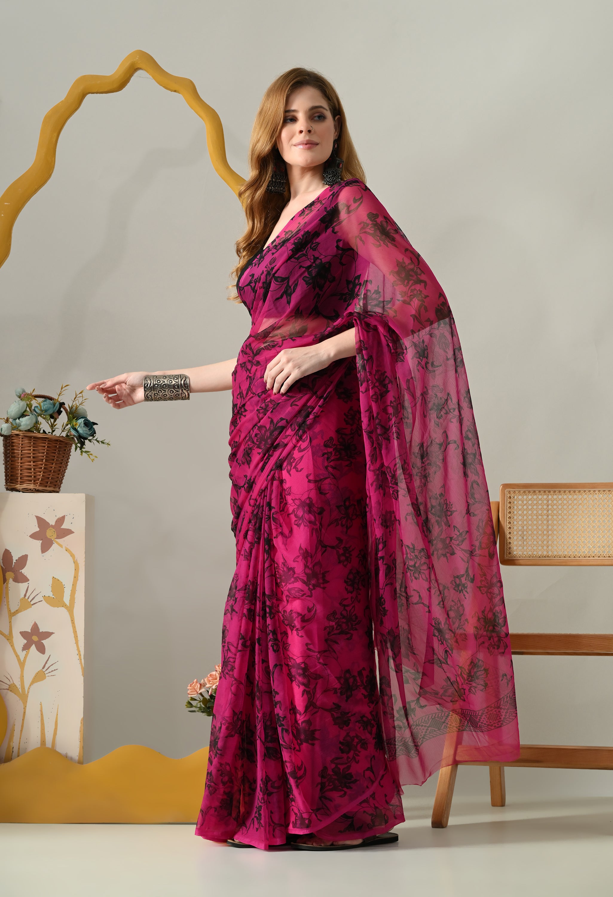 Printed Rani Pink Chiffon Saree