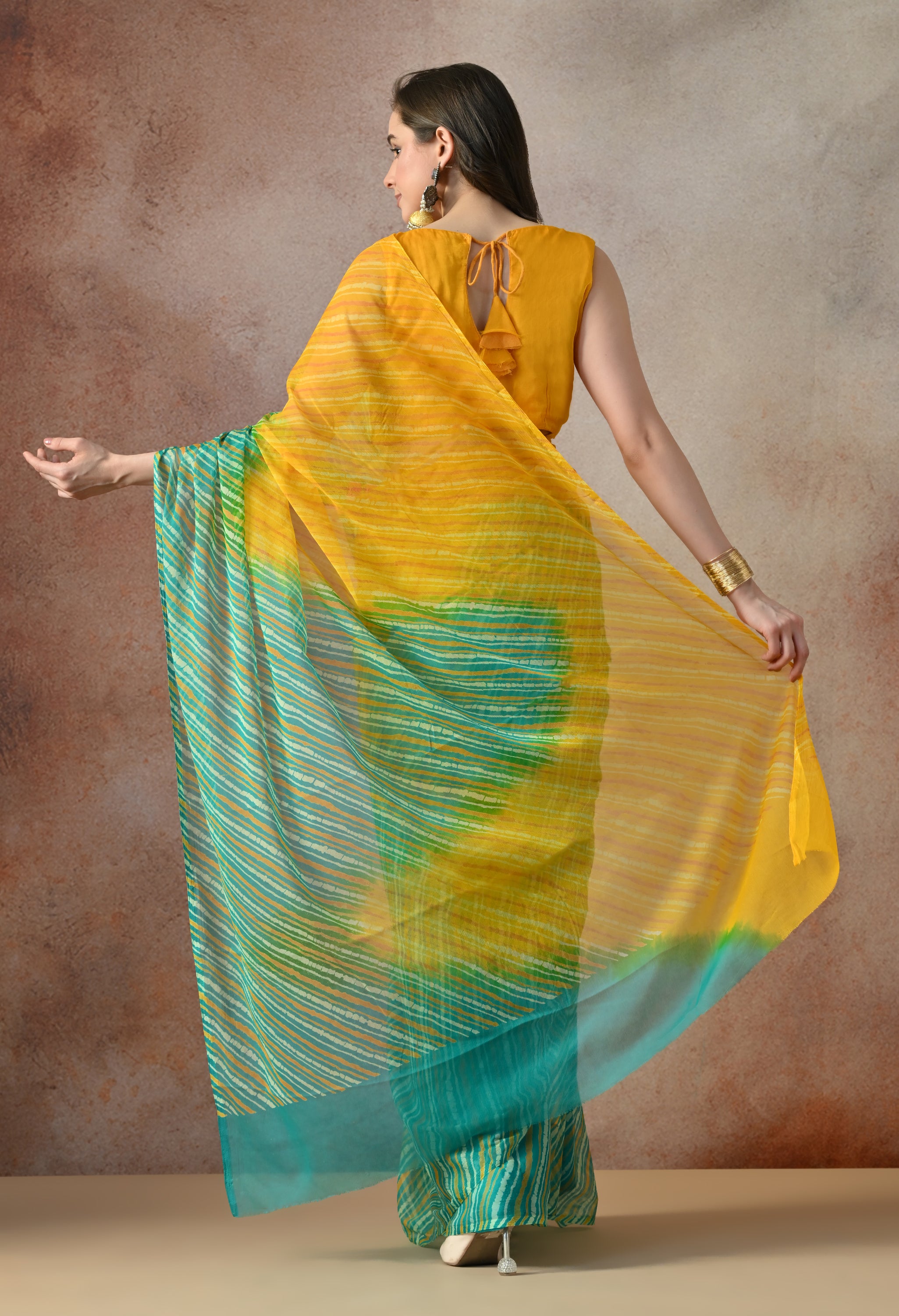 Citrus Mint Leheriya Tie & Dye Chiffon Saree