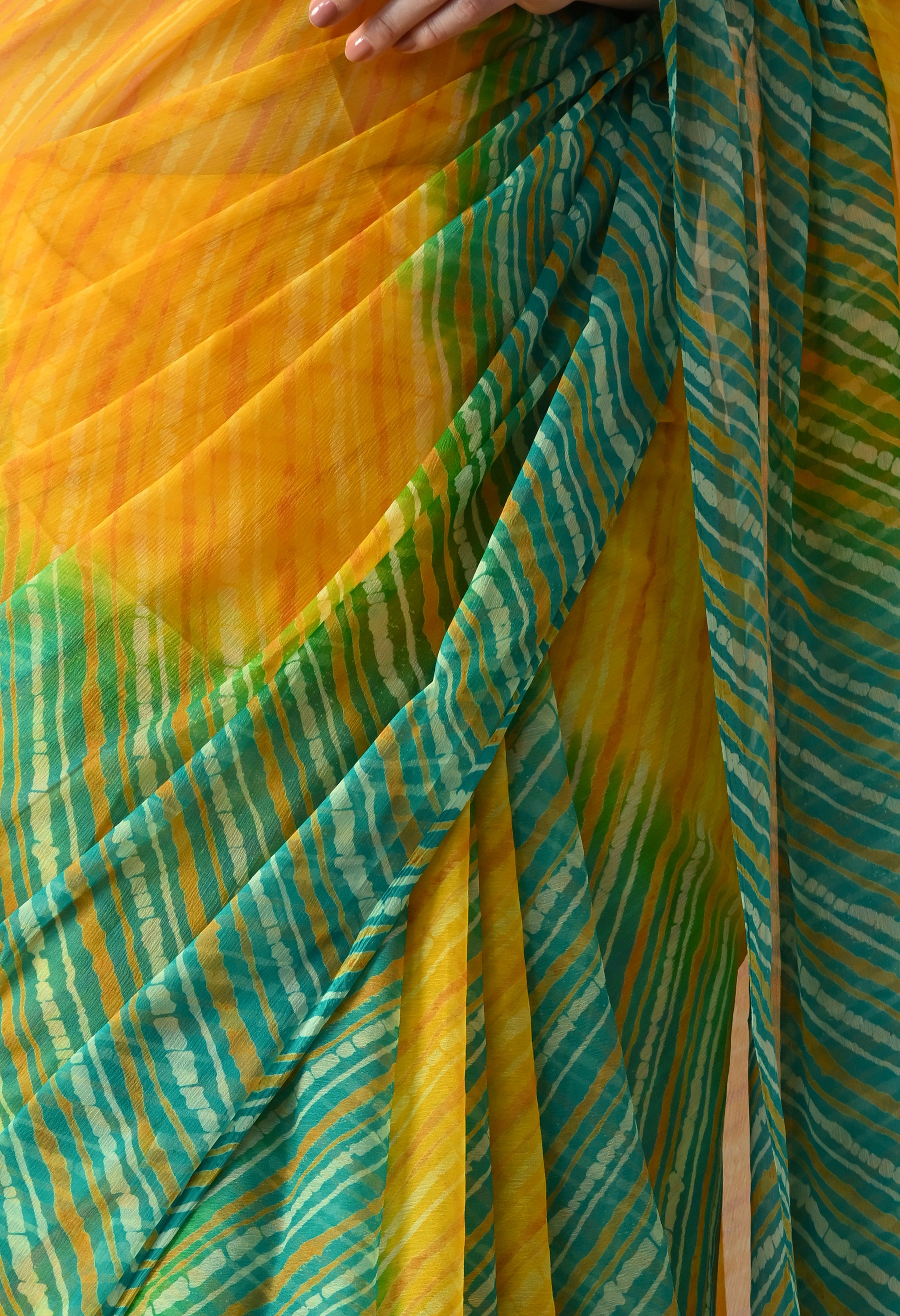 Citrus Mint Leheriya Tie & Dye Chiffon Saree