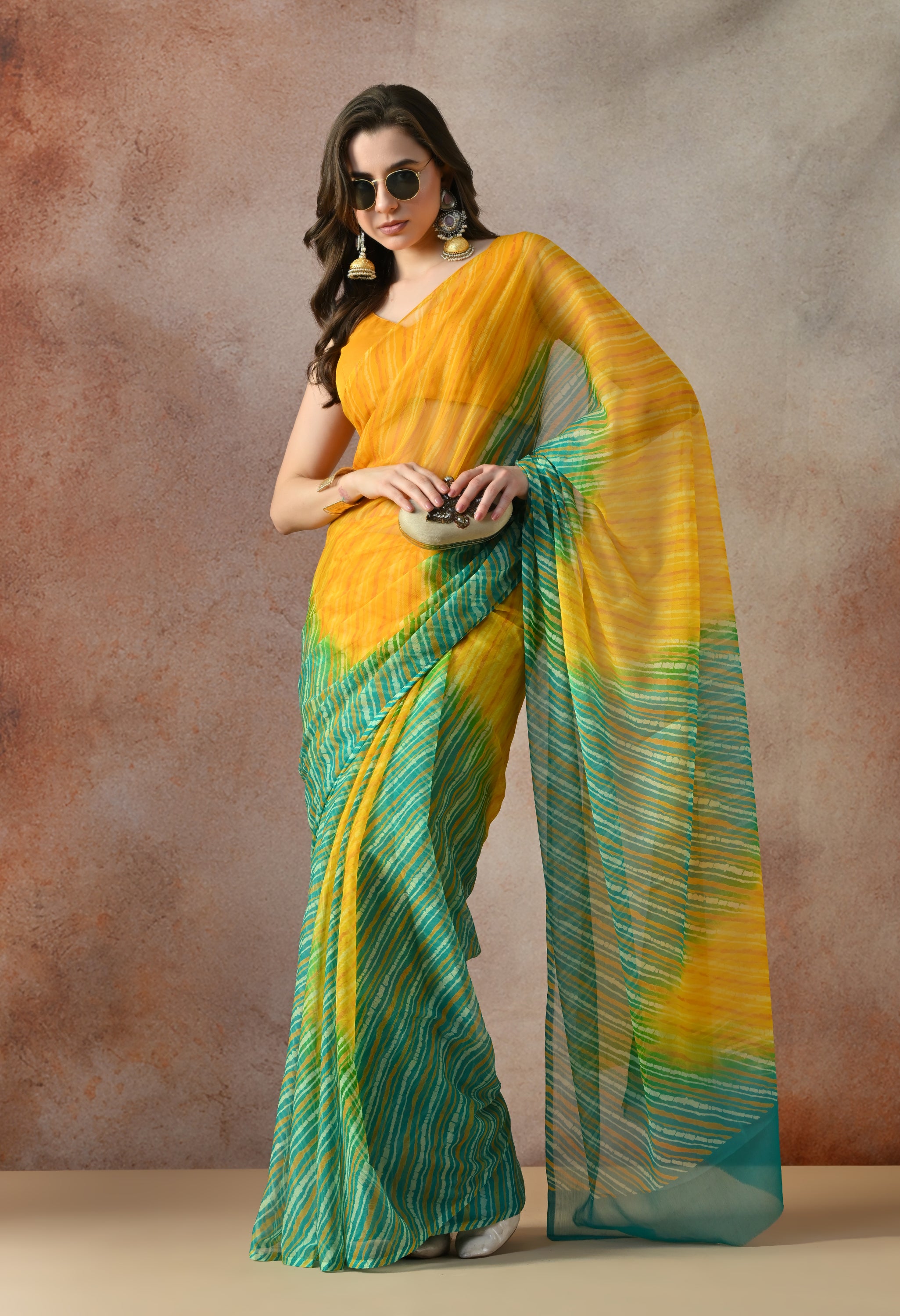 Citrus Mint Leheriya Tie & Dye Chiffon Saree
