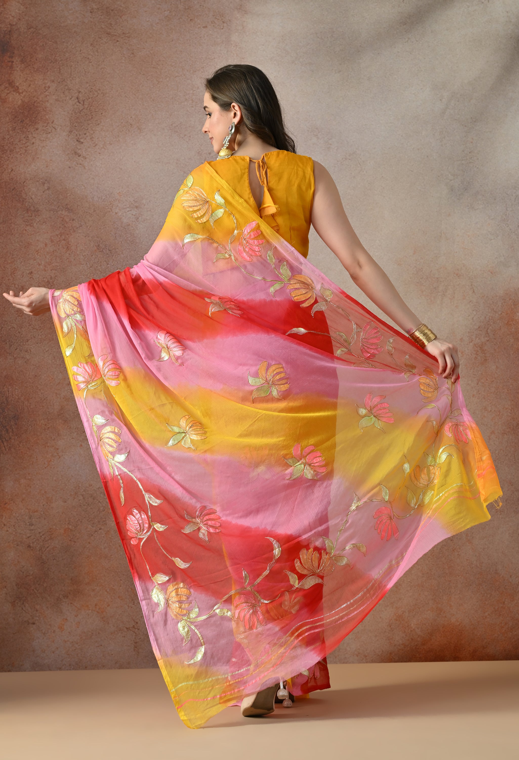 Blush Coral Tie & Dye Aari Work Chiffon Saree