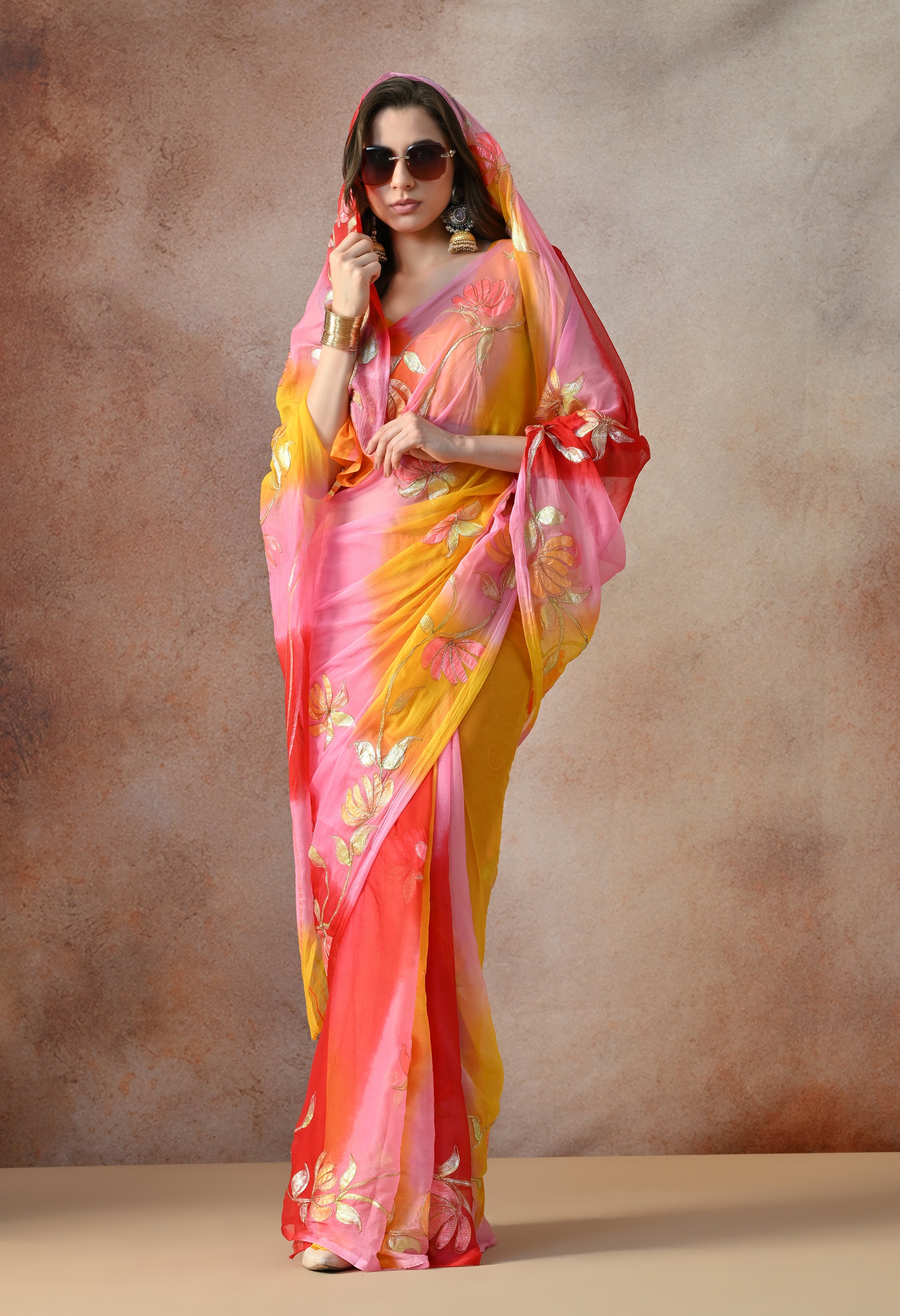 Blush Coral Tie & Dye Aari Work Chiffon Saree