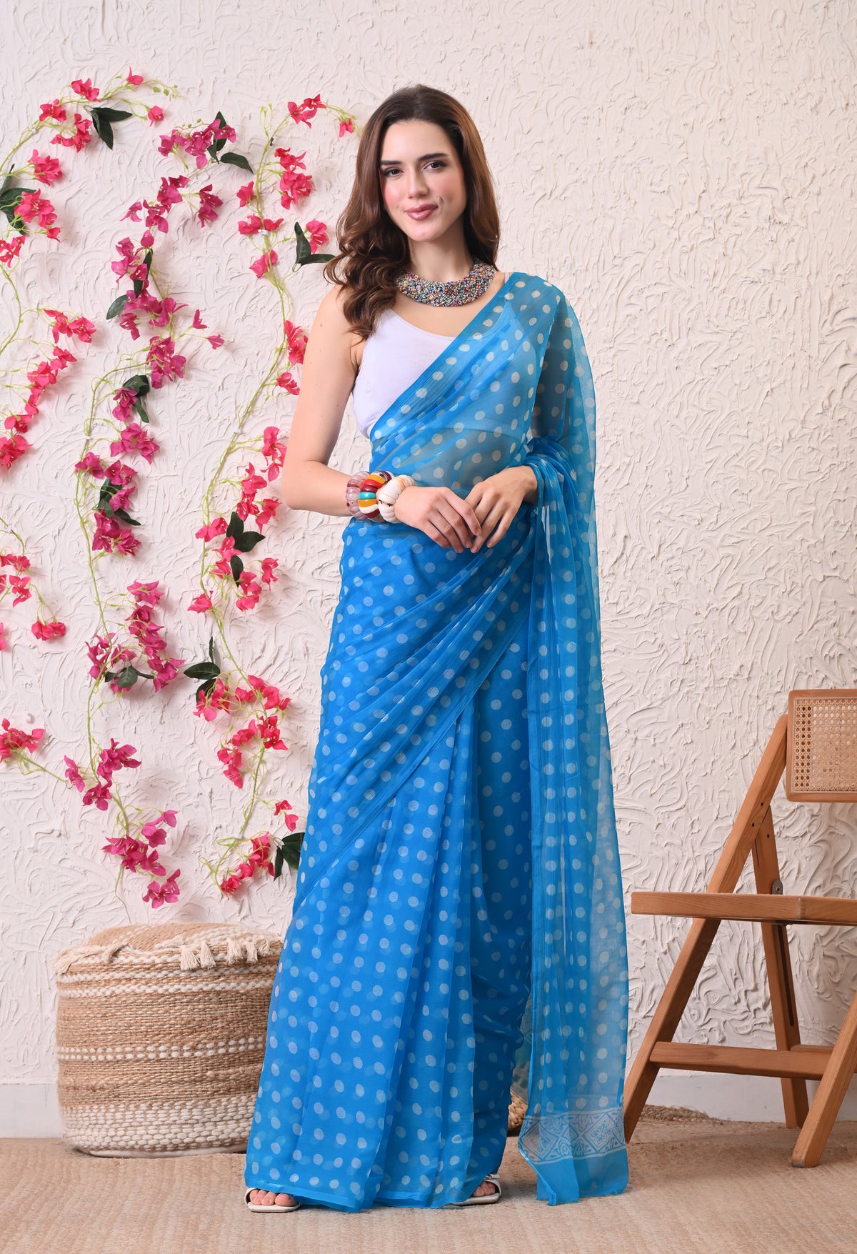 Azure Dot Italian Chiffon Saree