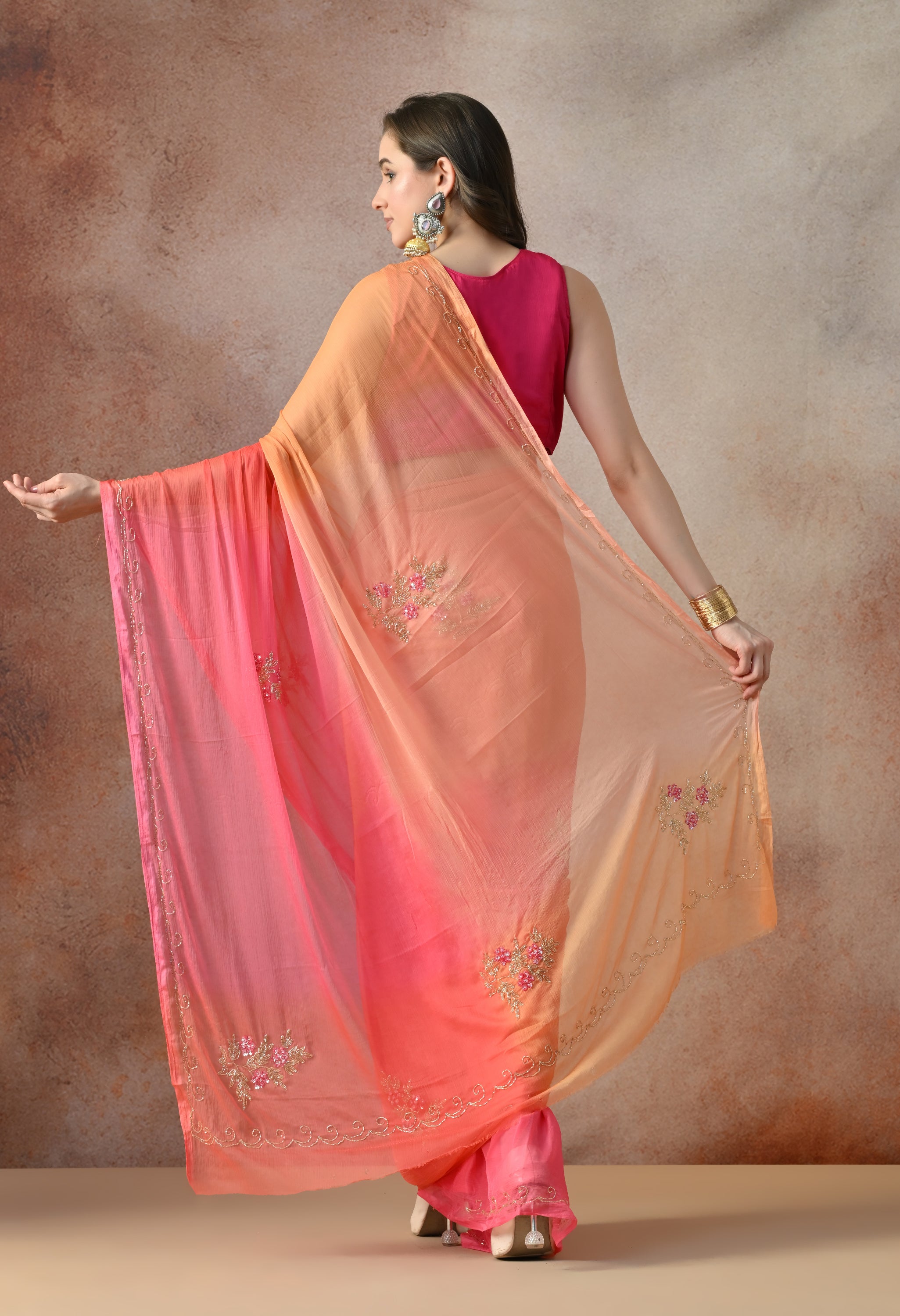 Peach Blush Ombre Italian Chiffon Saree