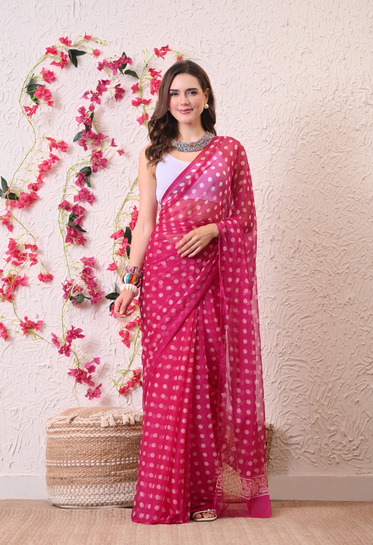 Fuchsia Dot Italian Chiffon Saree